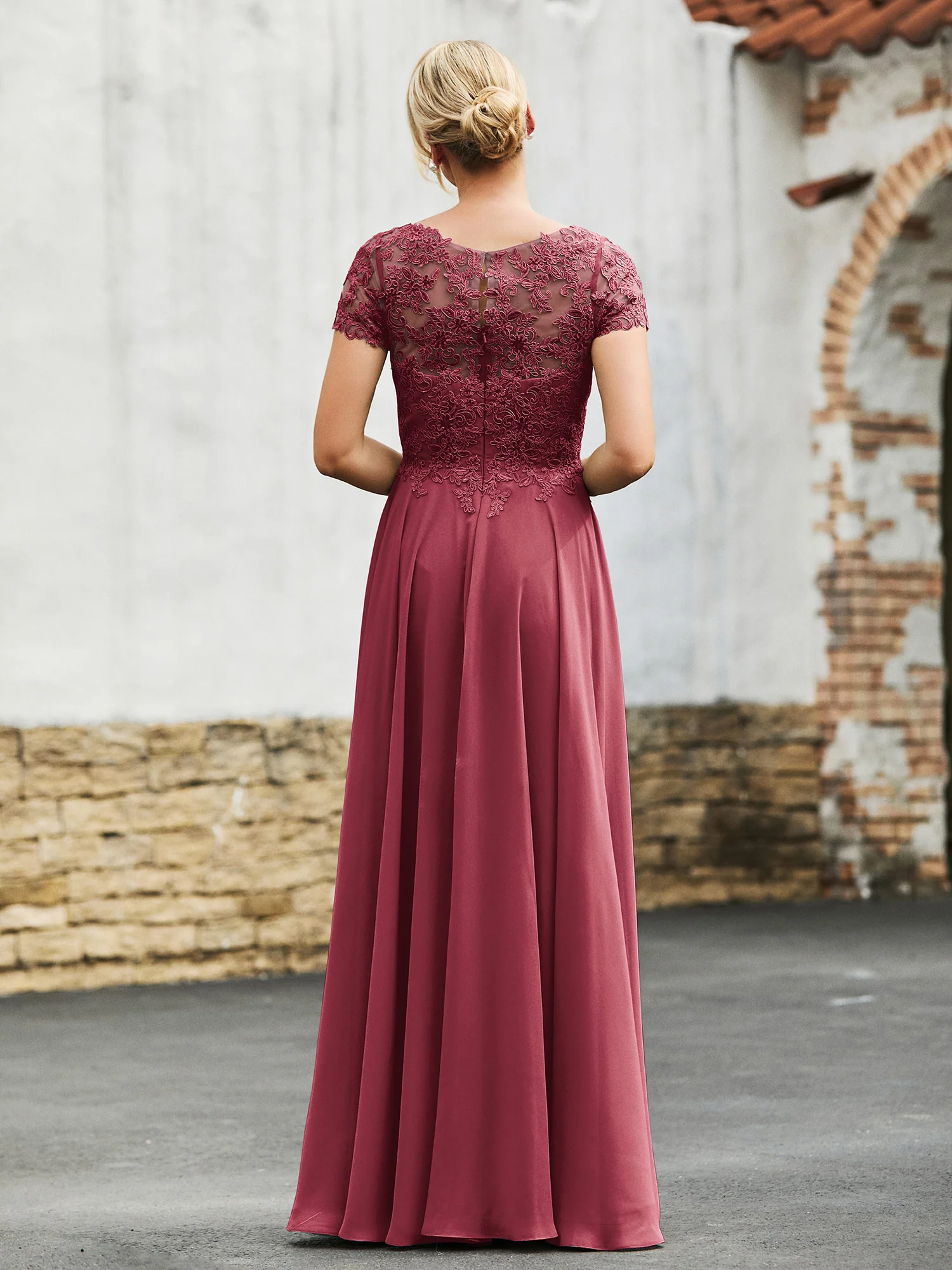 A-line Short Sleeves Lace Top Pleated Dress Cinnamon Rose - Image 2