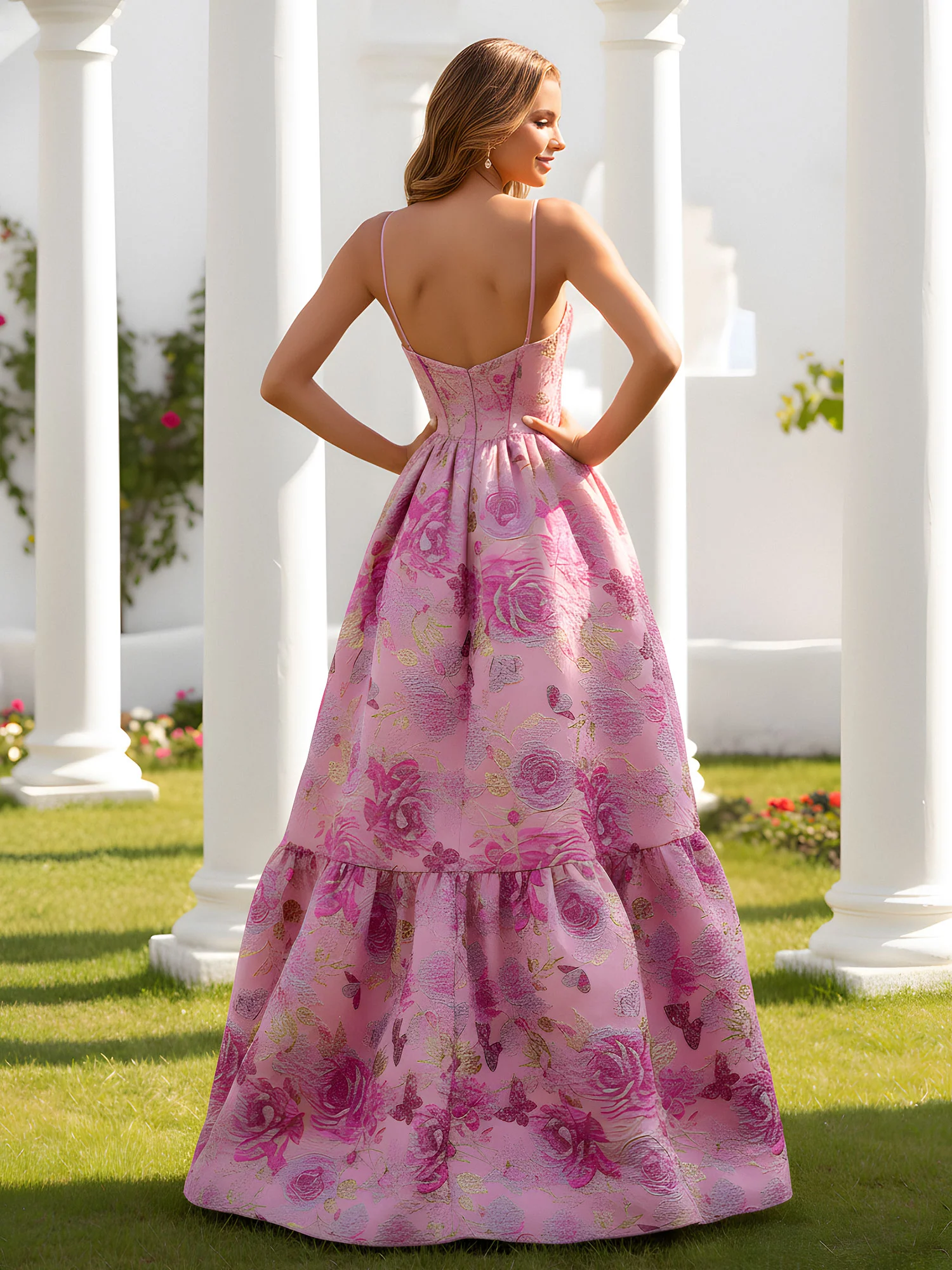 A-Line Spaghetti Straps Floral Long Dress With Slit As Picture - Image 2