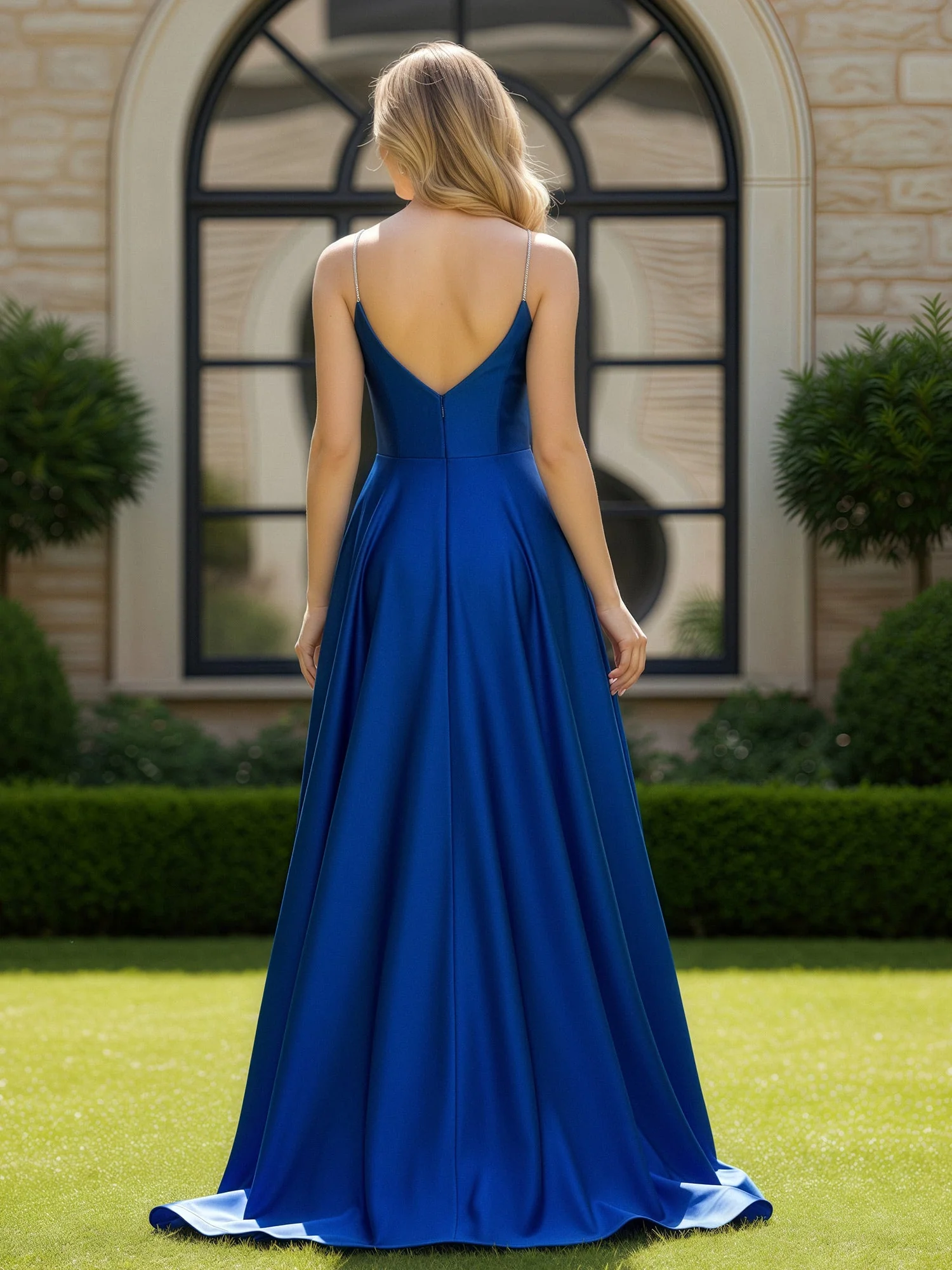 A-Line Spaghetti Straps V-neck Sweep Train Gown Fuchsia - Image 2