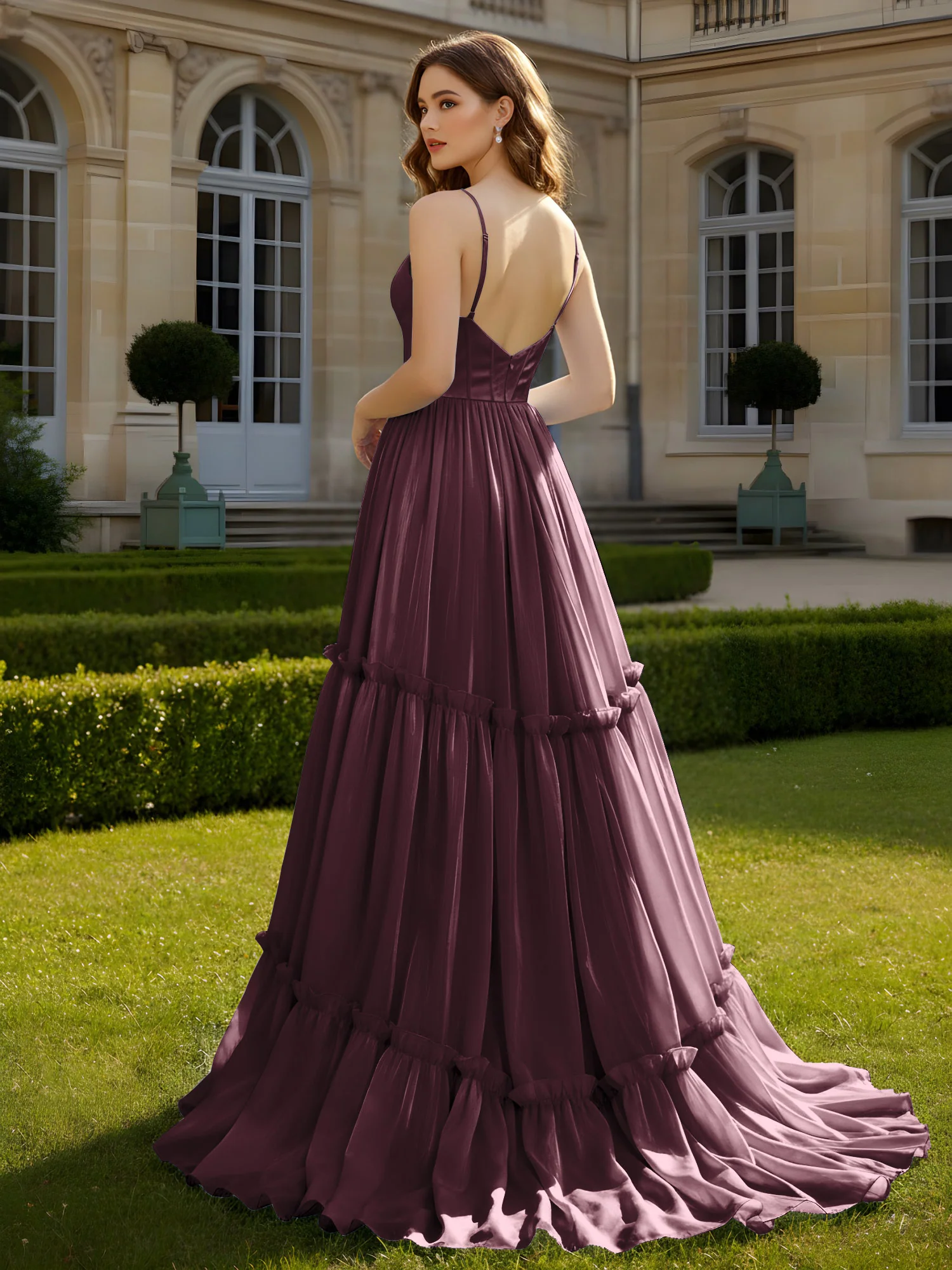 A-Line Spaghetti Straps V-neck Tiered Dress Cabernet - Image 2