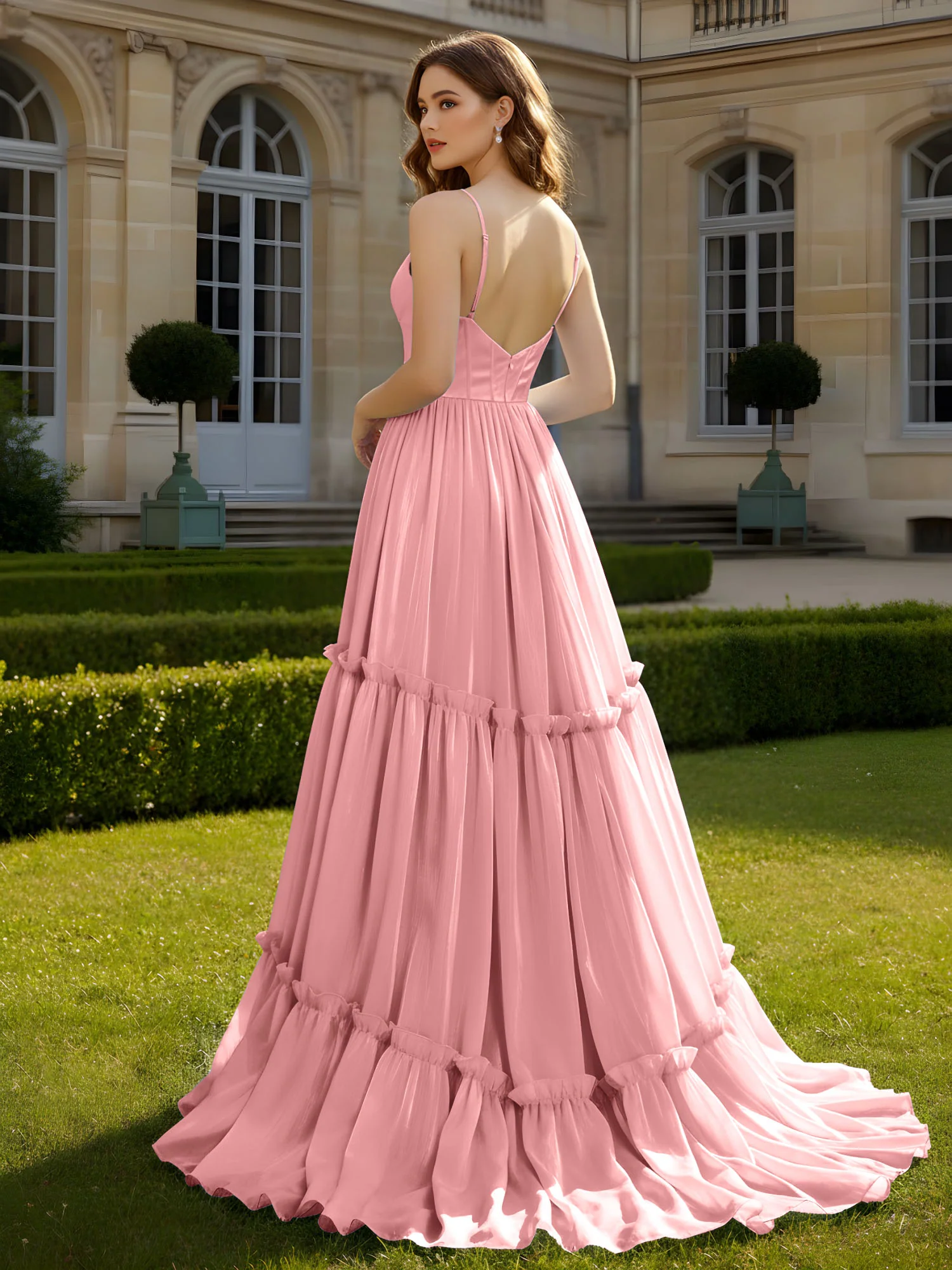 A-Line Spaghetti Straps V-neck Tiered Dress Flamingo - Image 2