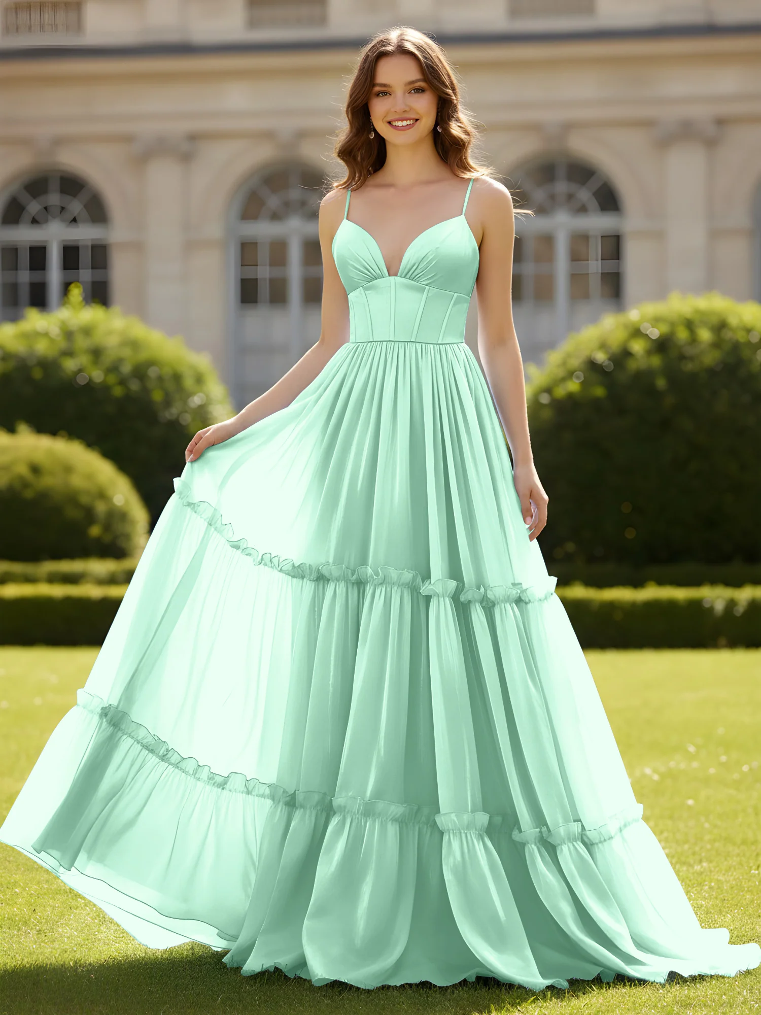 A-Line Spaghetti Straps V-neck Tiered Dress Mint Green