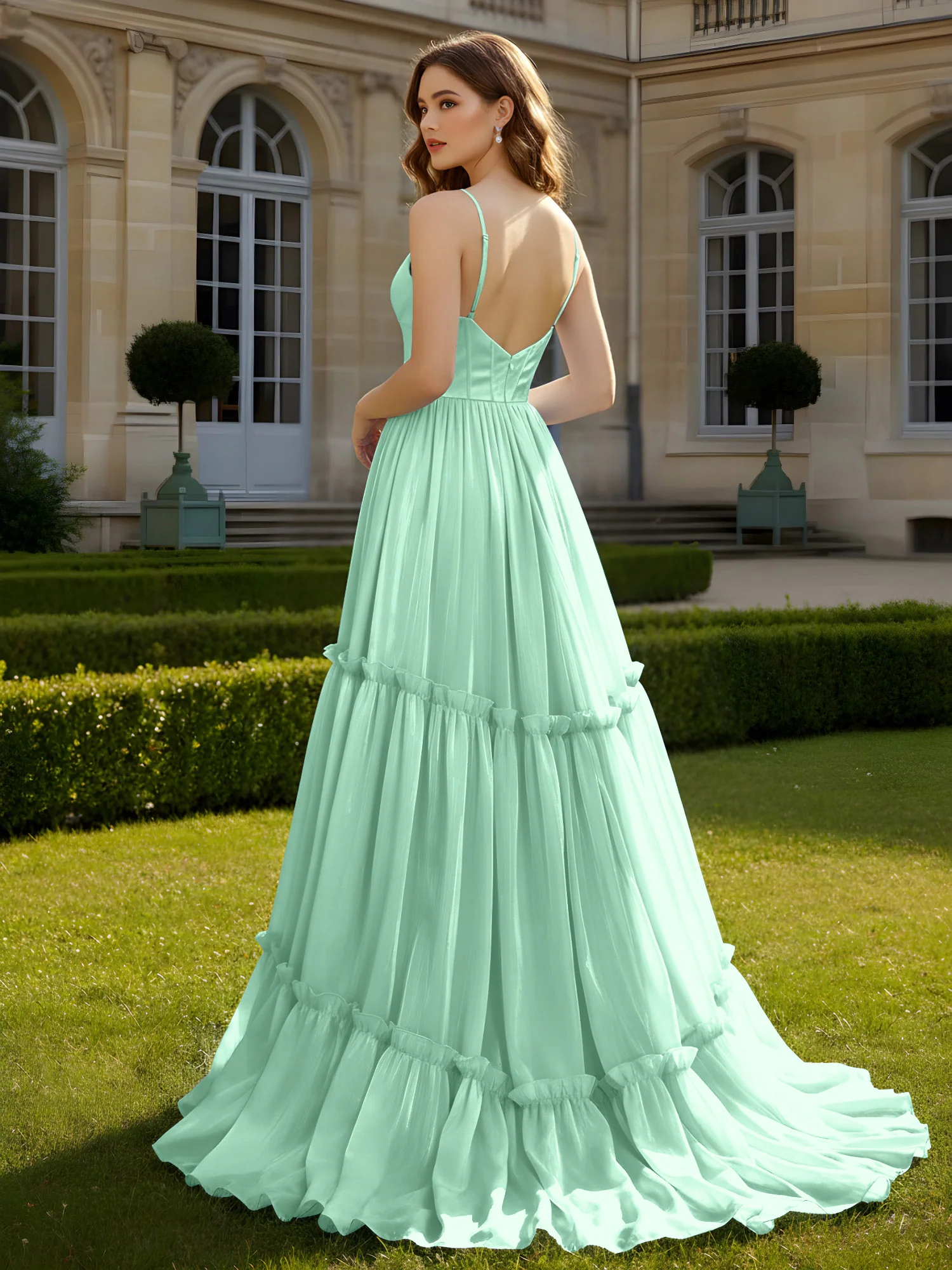 A-Line Spaghetti Straps V-neck Tiered Dress Mint Green - Image 2