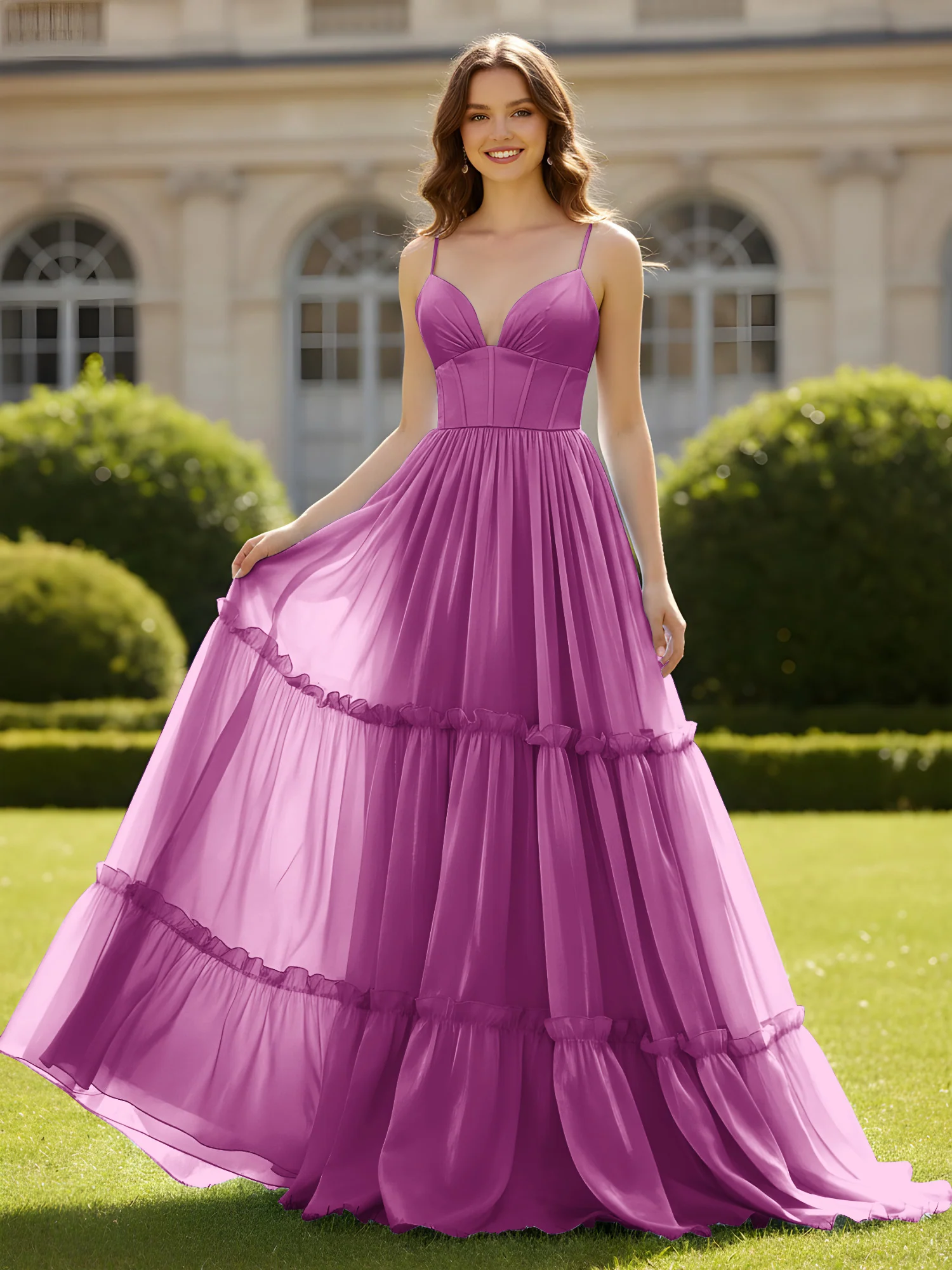 A-Line Spaghetti Straps V-neck Tiered Dress Orchid