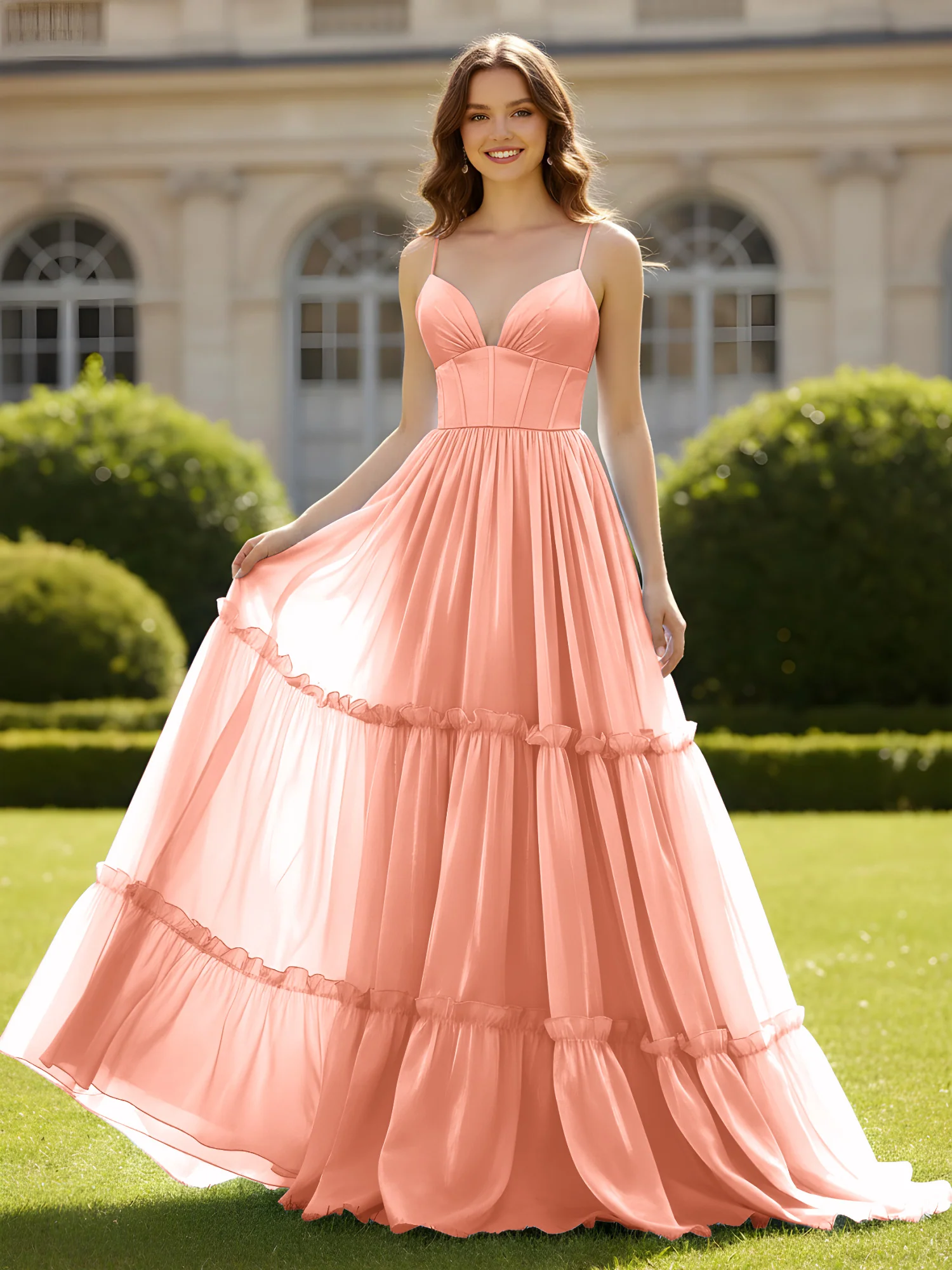A-Line Spaghetti Straps V-neck Tiered Dress Papaya