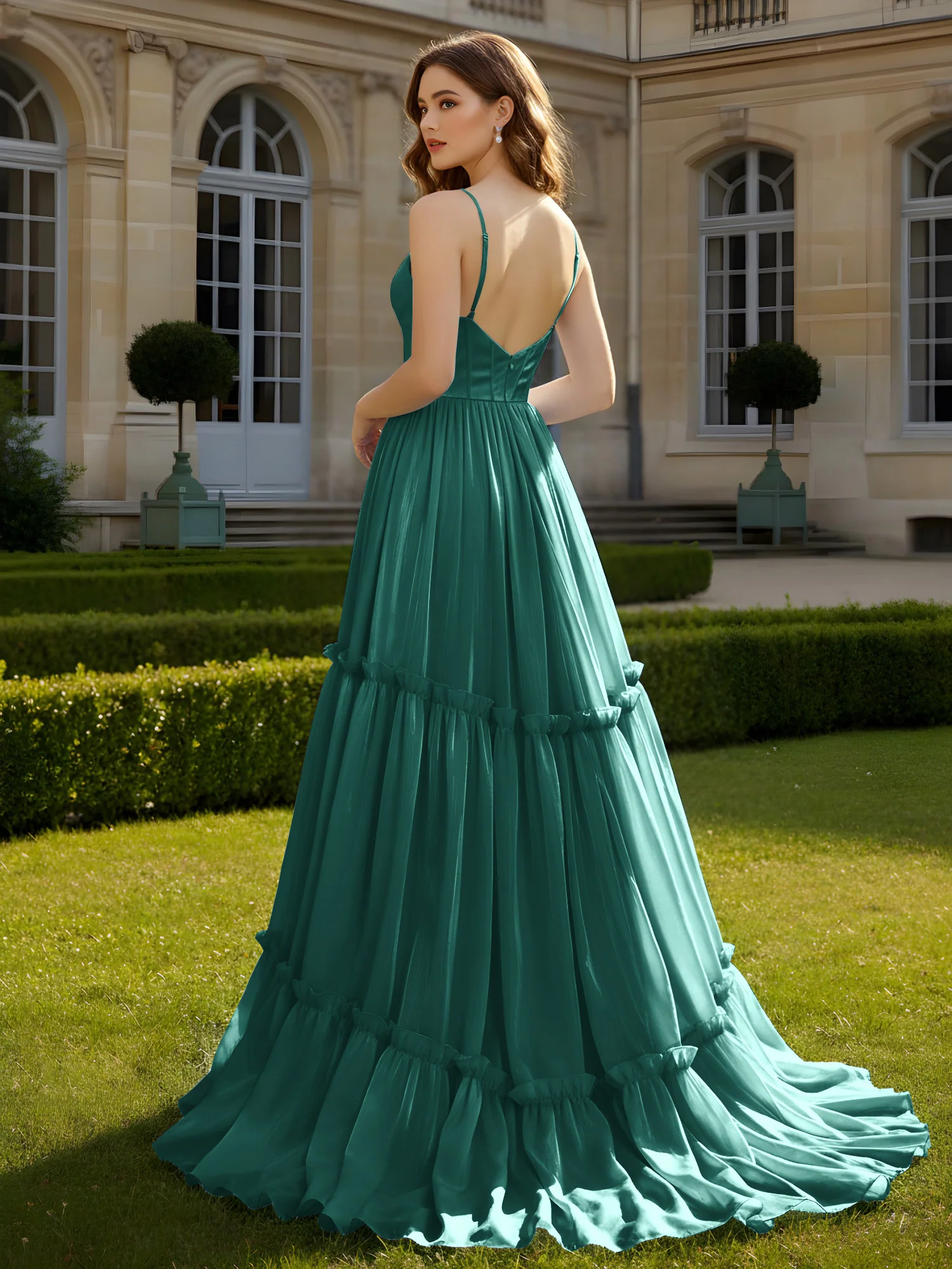 A-Line Spaghetti Straps V-neck Tiered Dress Peacock - Image 2