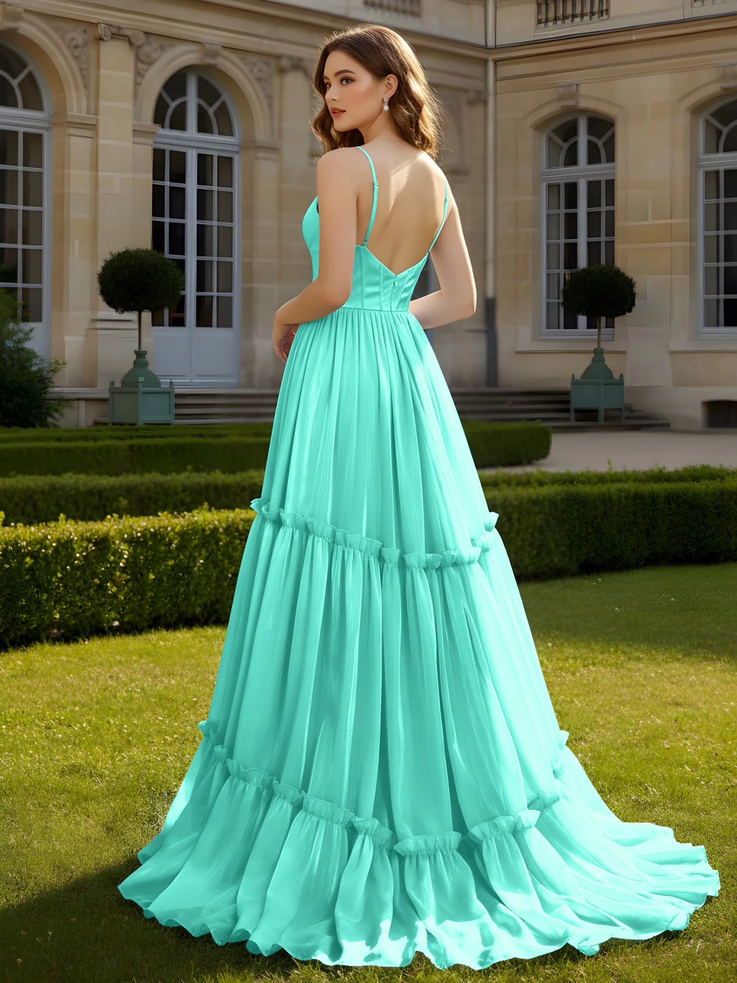 A-Line Spaghetti Straps V-neck Tiered Dress Spa - Image 2