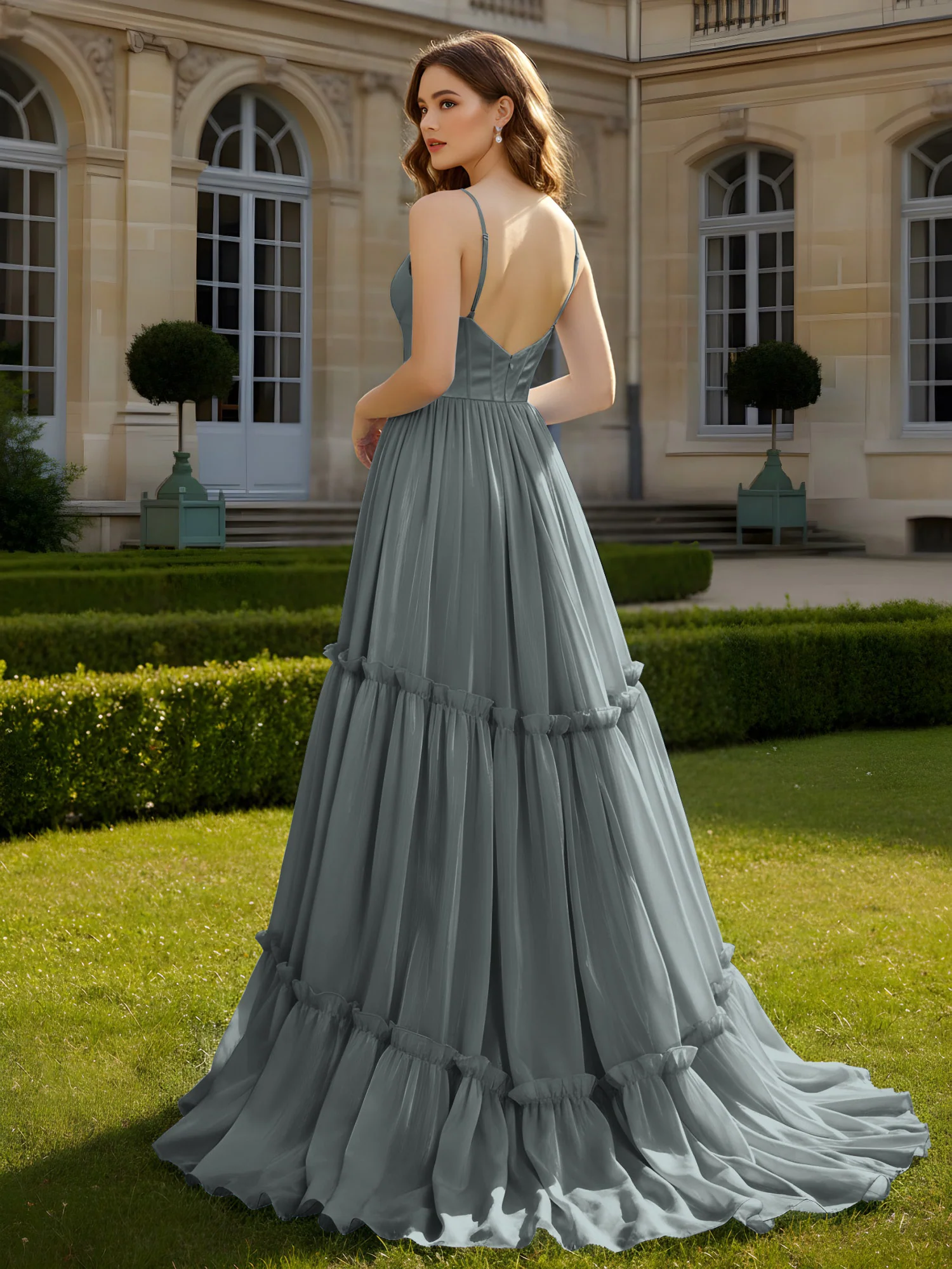 A-Line Spaghetti Straps V-neck Tiered Dress Steel Grey - Image 2