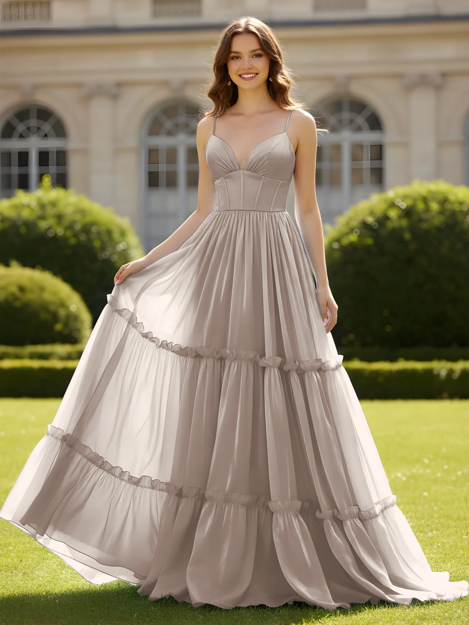 A-Line Spaghetti Straps V-neck Tiered Dress Taupe