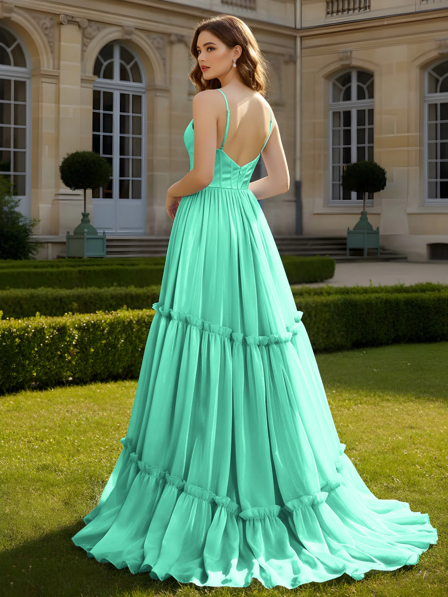 A-Line Spaghetti Straps V-neck Tiered Dress Turquoise - Image 2
