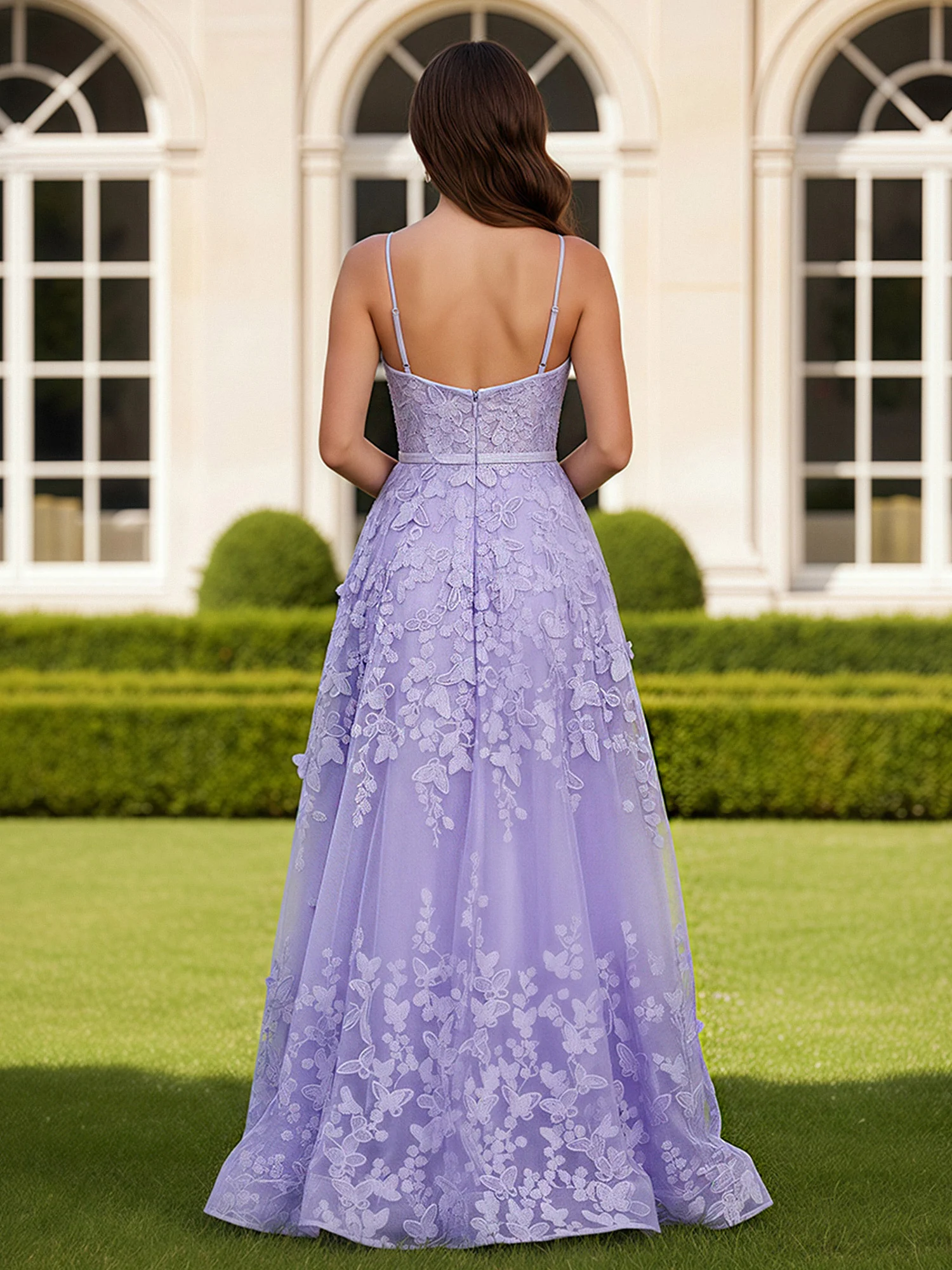 A-Line Square Neck Butterfly Applique Long Dress Lilac - Image 2