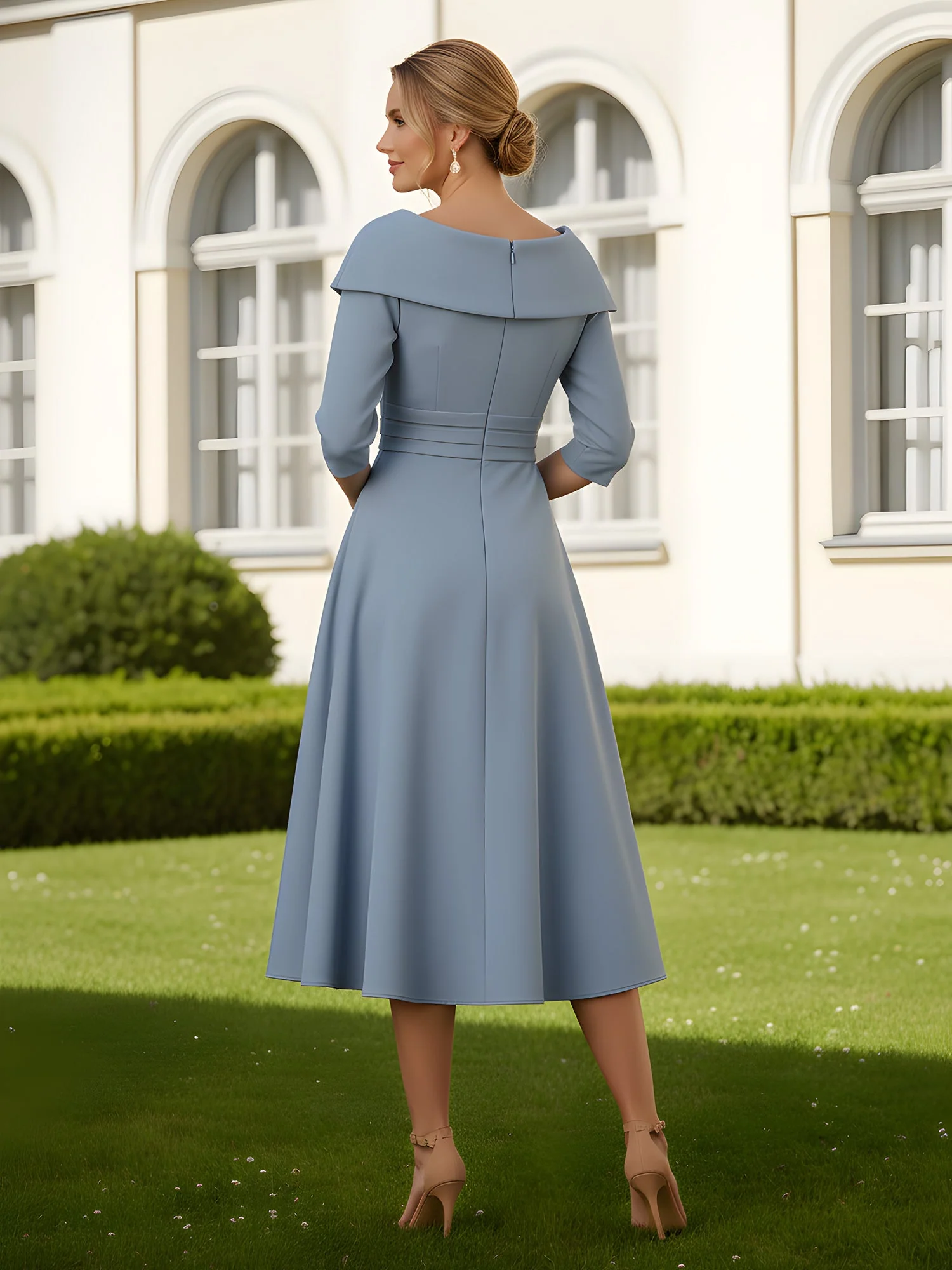 A-Line Sweetheart Neck Pleated Tea-Length Dress Royal Blue - Image 2