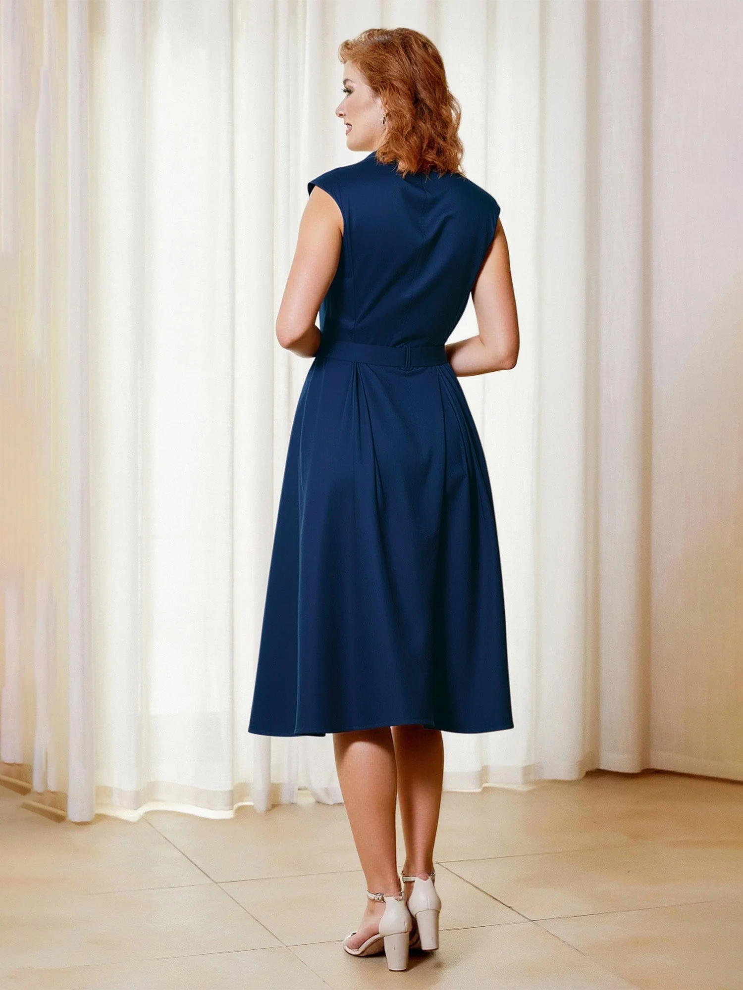 A-Line V-neck Cap Sleeves Knee-length Dress With Bow Ivory - Image 2