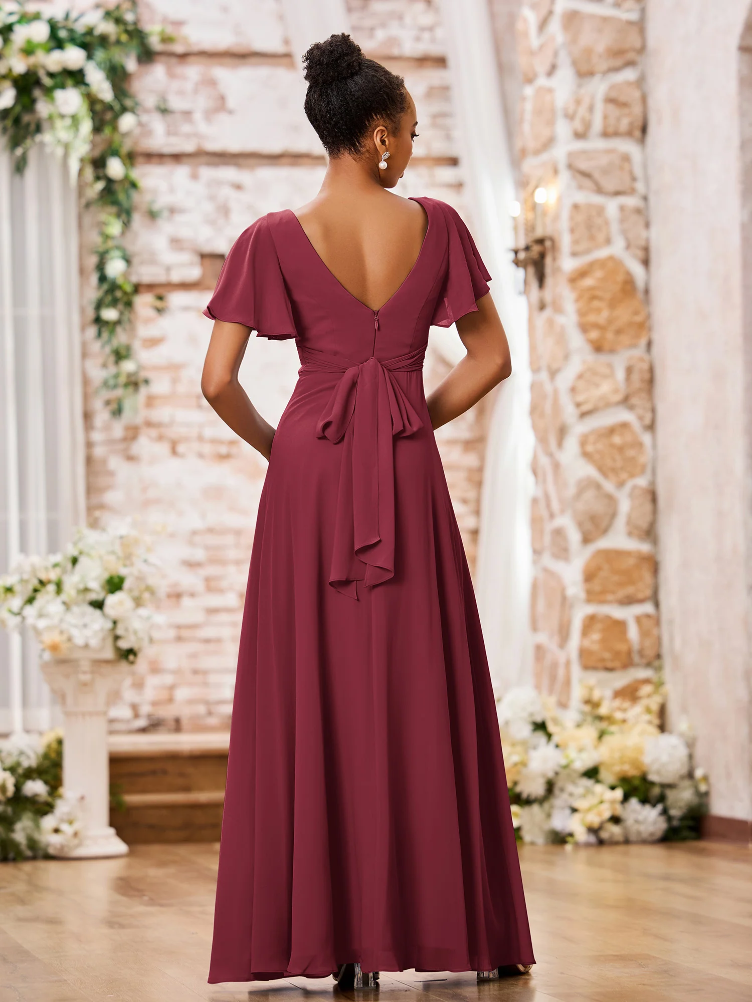 A-line V-neck Chiffon Long Dresses with Cap Sleeves Cinnamon Rose - Image 2