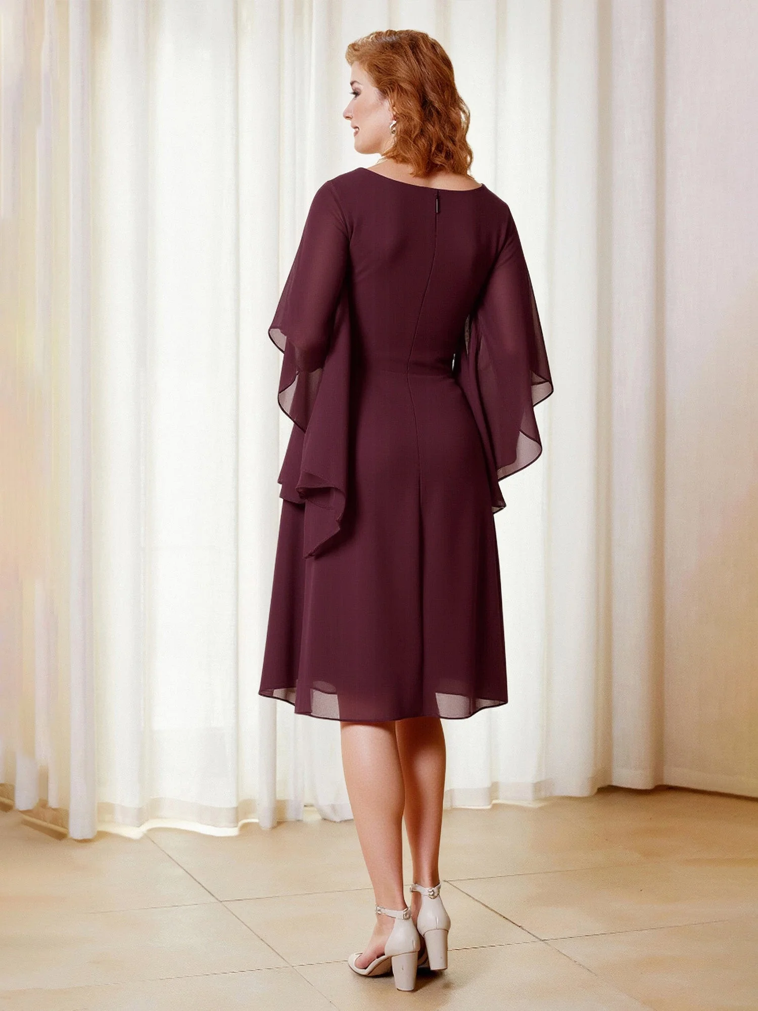 A-Line V-neck Flutter Sleeves Chiffon Knee-Length Dress Lavender - Image 2