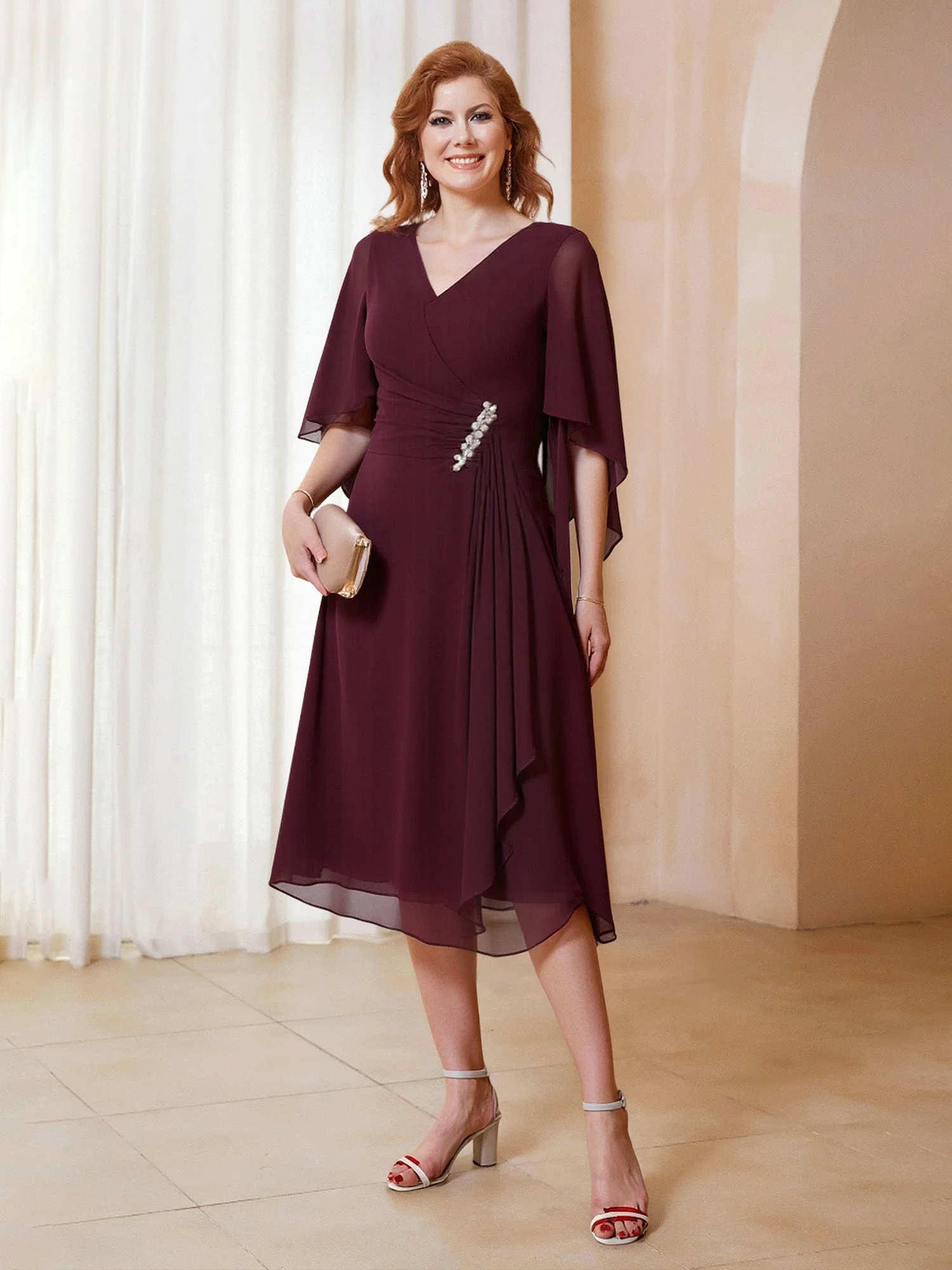A-Line V-neck Flutter Sleeves Chiffon Knee-Length Dress Mulberry