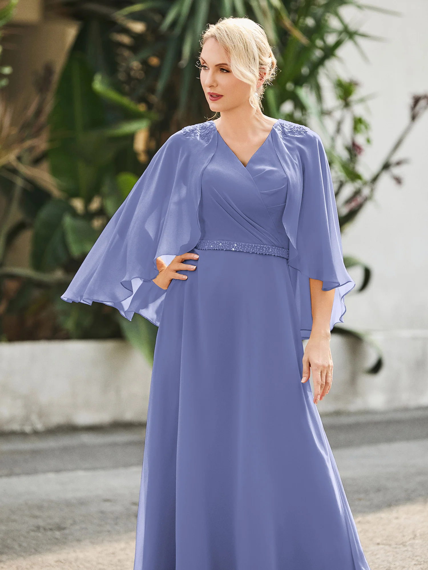 A-line V-neck Flutter Sleeves Dress with Beaded Periwinkle