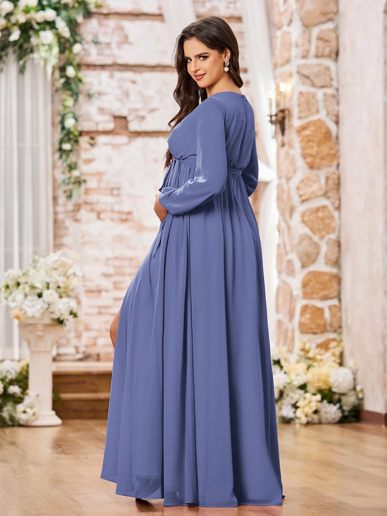 A-line V-neck Long Sleeves Chiffon Dresses with Slit Periwinkle - Image 2