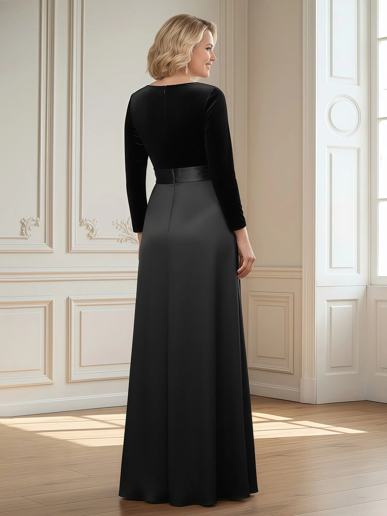 A-Line V-neck Long Velvet Satin Dress With Slit Grape - Image 2