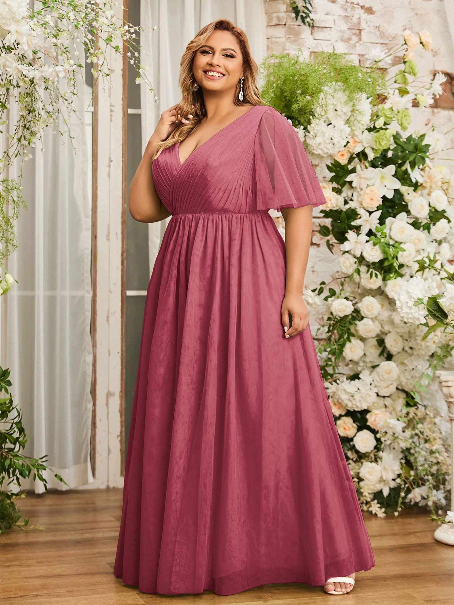 A-line V-neck Tulle Max Dresses with Deep-V Back-Cinnamon Rose Plus Size - Image 3