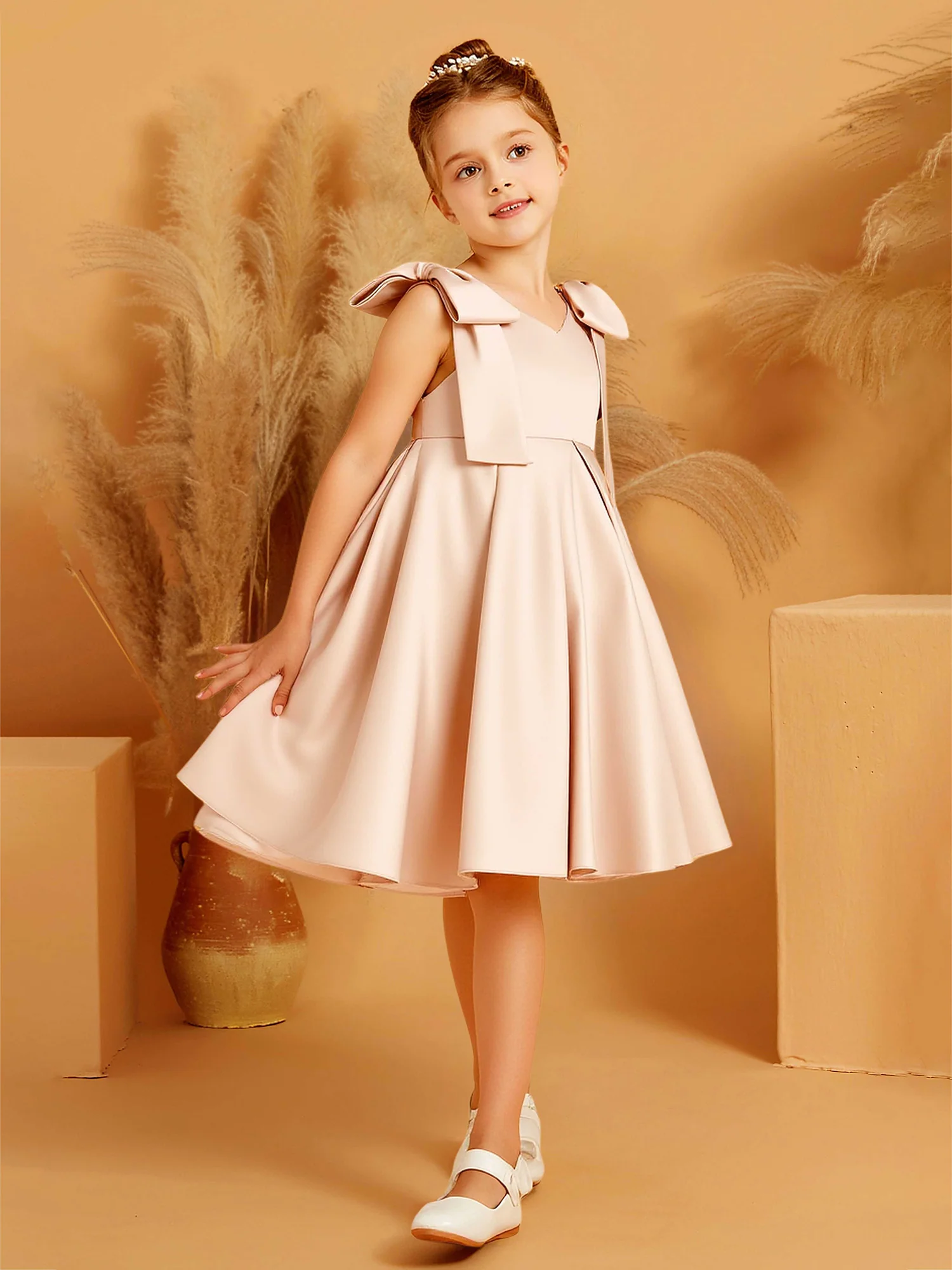 Adorable V-Neck Bow Straps Satin Flower Girl Dress Pearl Pink