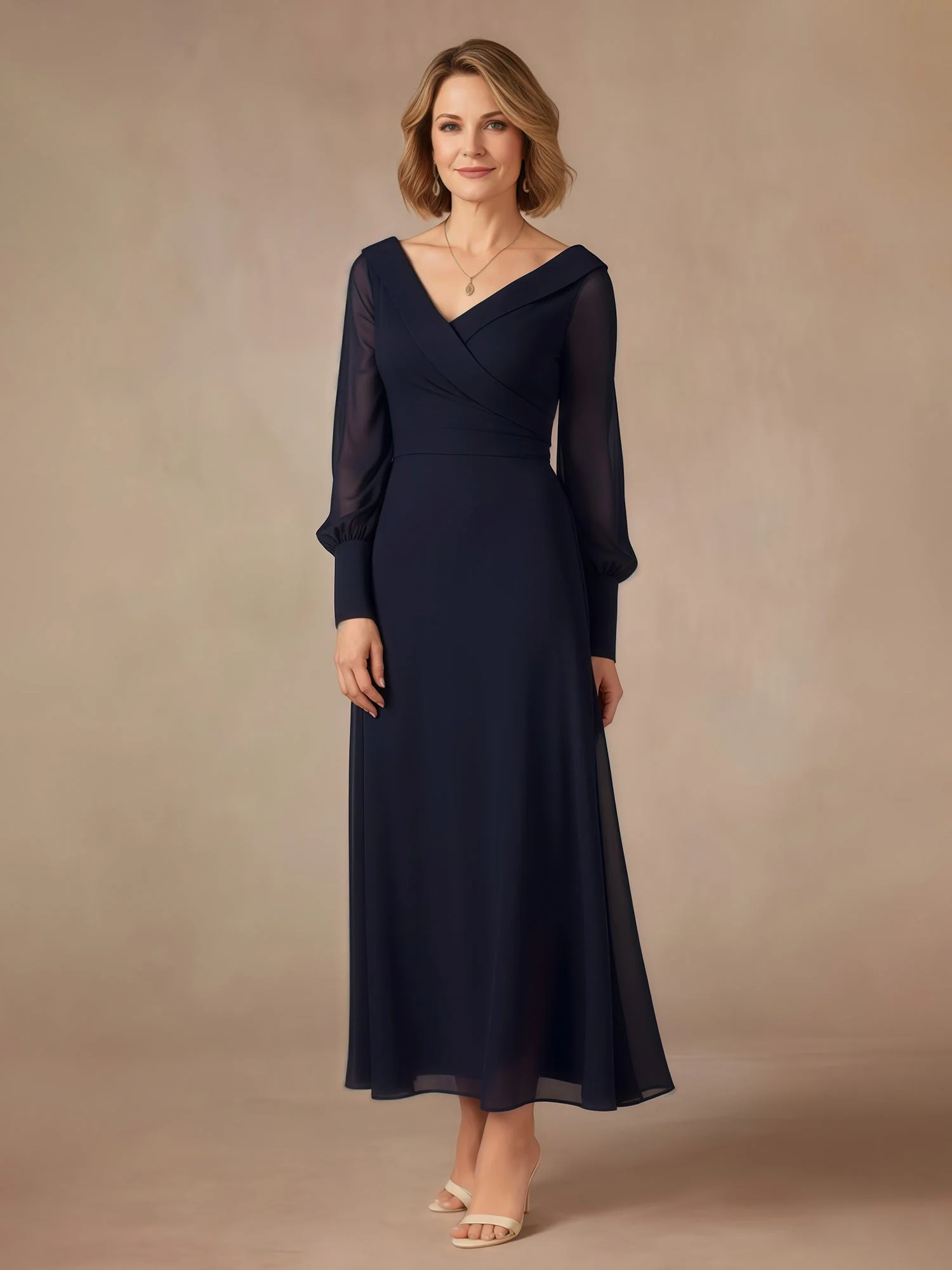 A-Line V-neck Long Sleeves Chiffon Dress Green