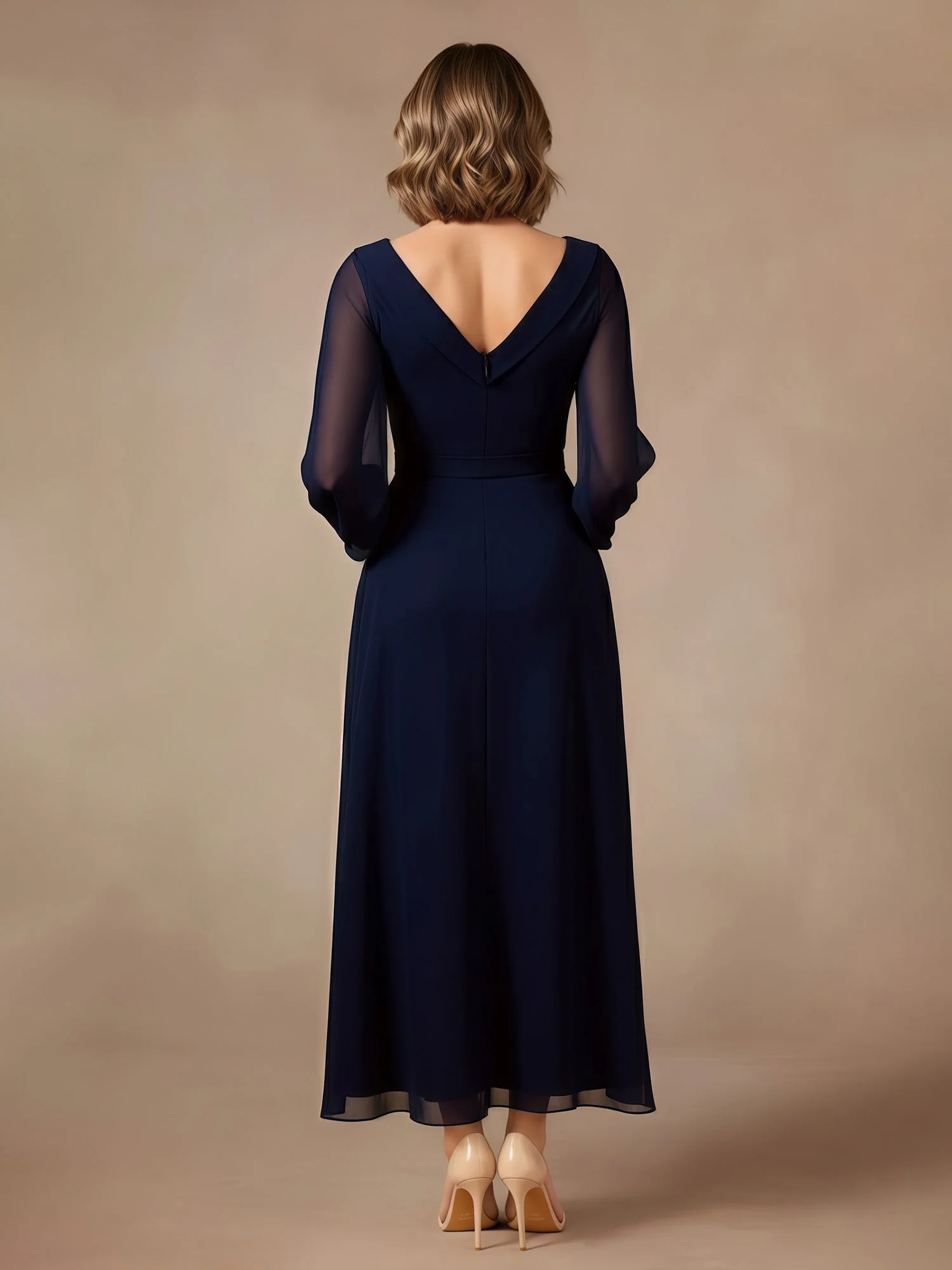 A-Line V-neck Long Sleeves Chiffon Dress Peach - Image 2