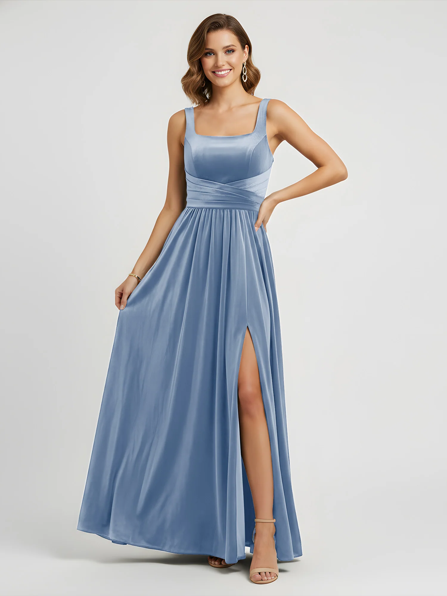 Wide Strap Velvet Pleated Waist Maxi Dress Dusty Blue