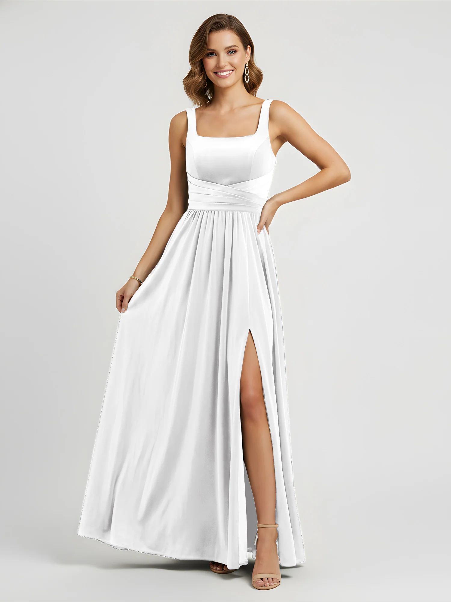 Wide Strap Velvet Pleated Waist Maxi Dress Ivory