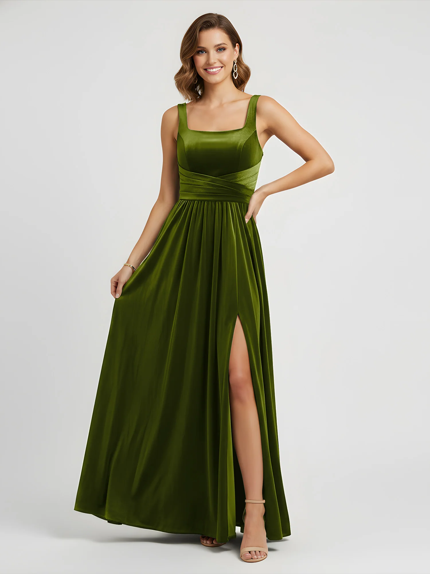 Wide Strap Velvet Pleated Waist Maxi Dress Olive Green