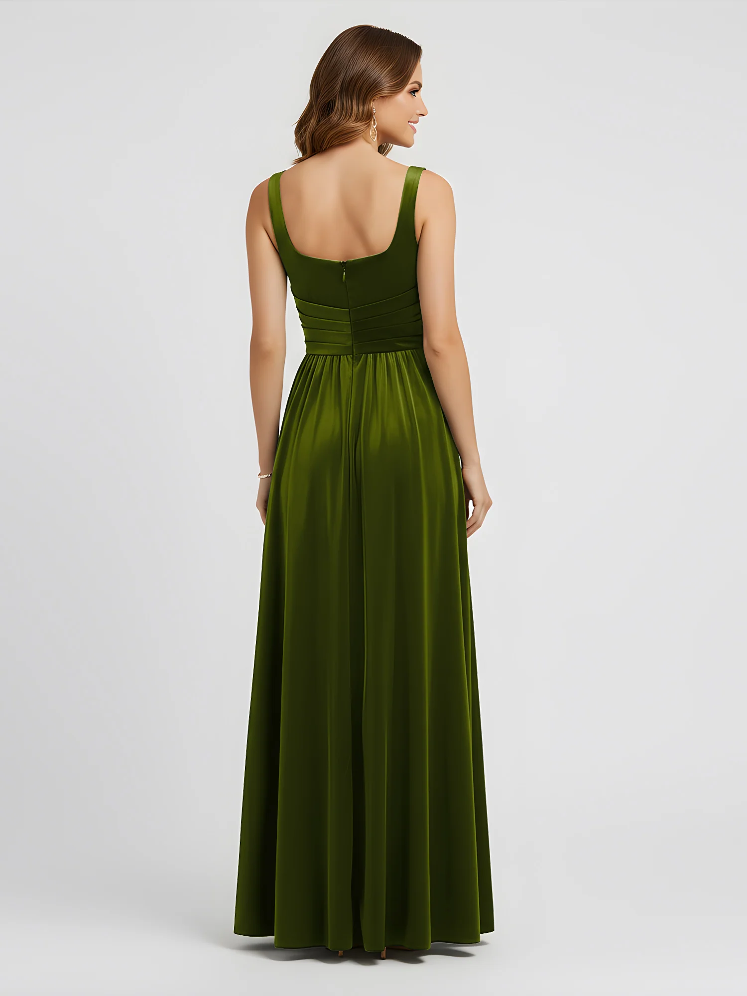 Wide Strap Velvet Pleated Waist Maxi Dress Olive Green - Image 2
