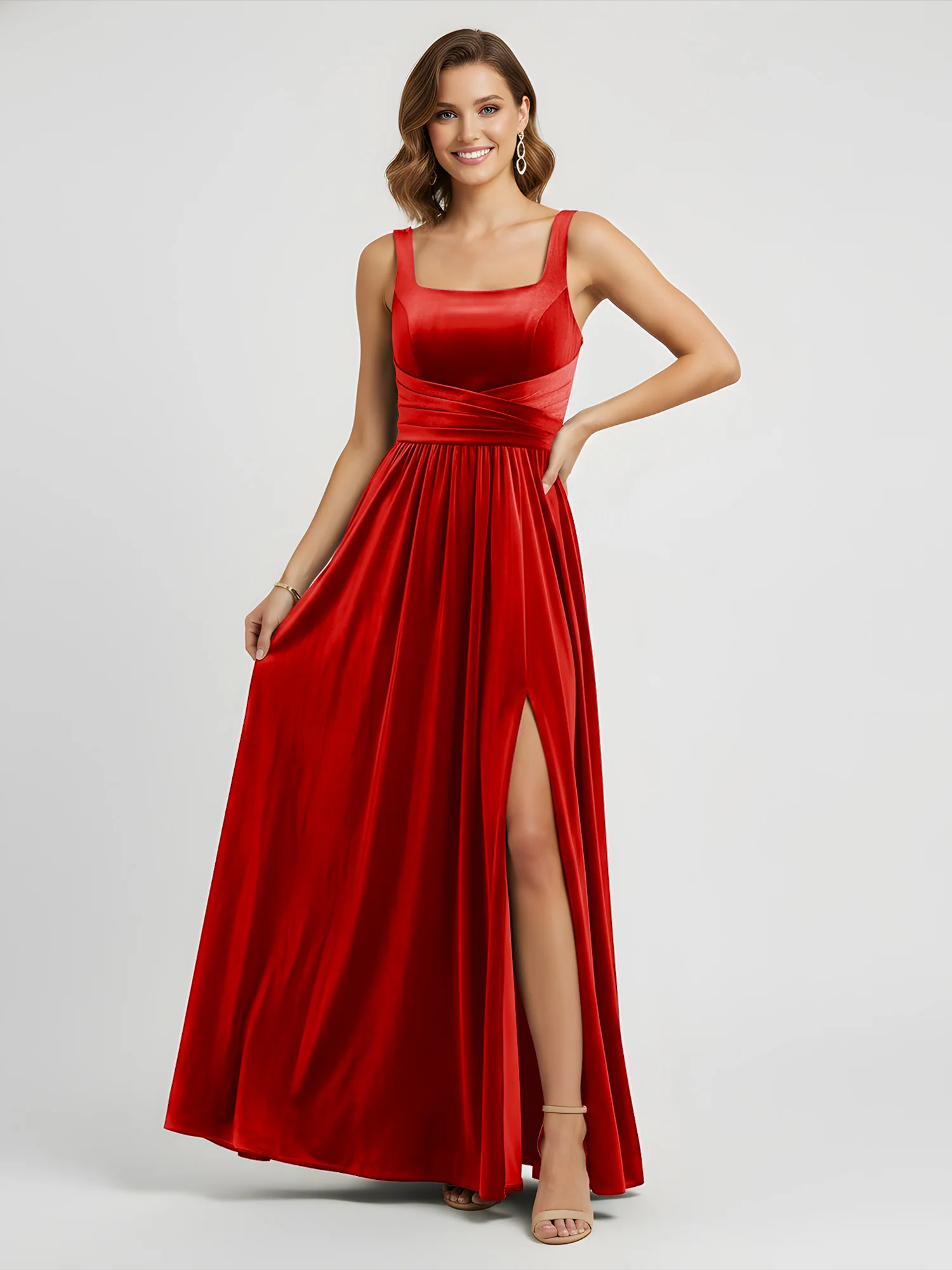 Wide Strap Velvet Pleated Waist Maxi Dress Red