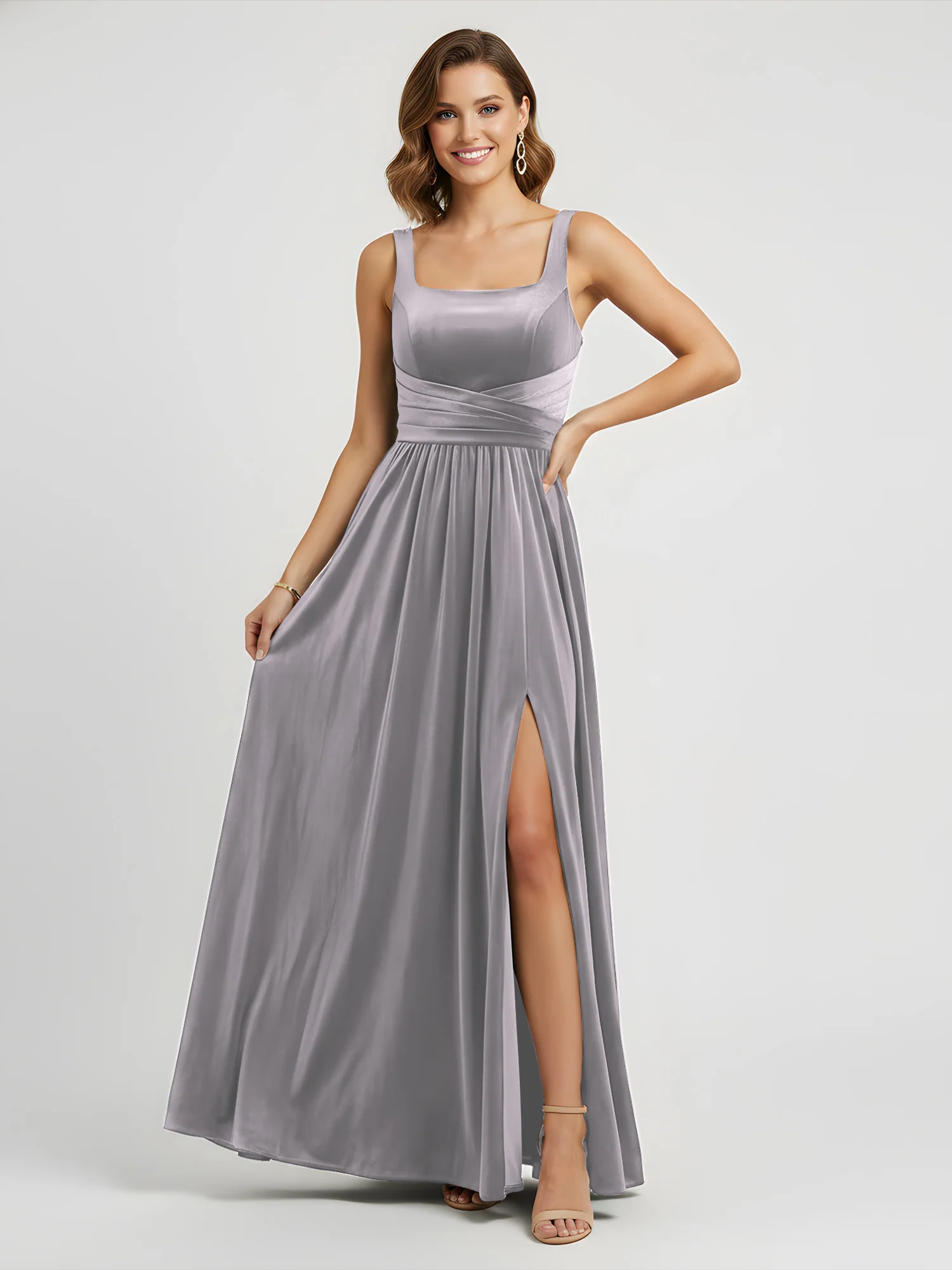 Wide Strap Velvet Pleated Waist Maxi Dress Silver