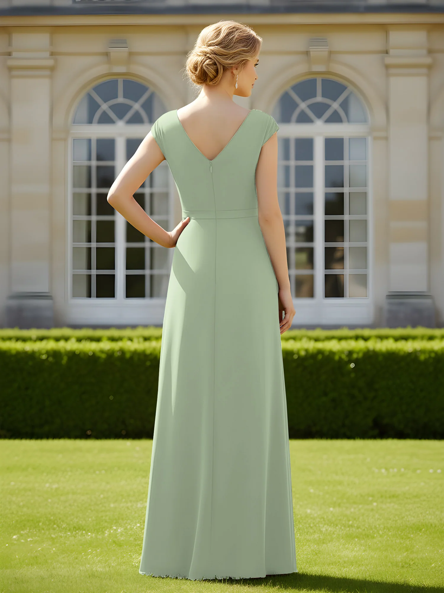 Beaded V-neck Pleated Chiffon A-Line Sequins Dress Dusty Sage - Image 2