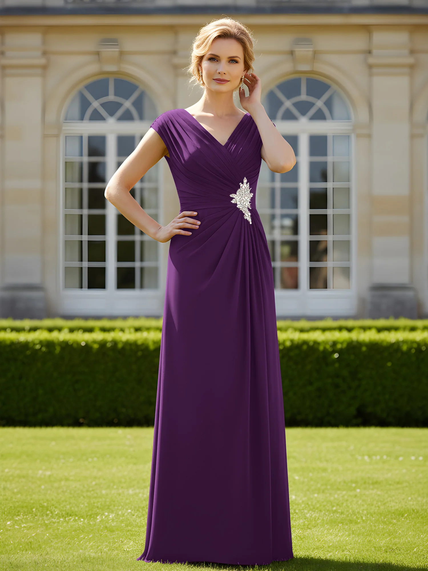 Beaded V-neck Pleated Chiffon A-Line Sequins Dress Grape