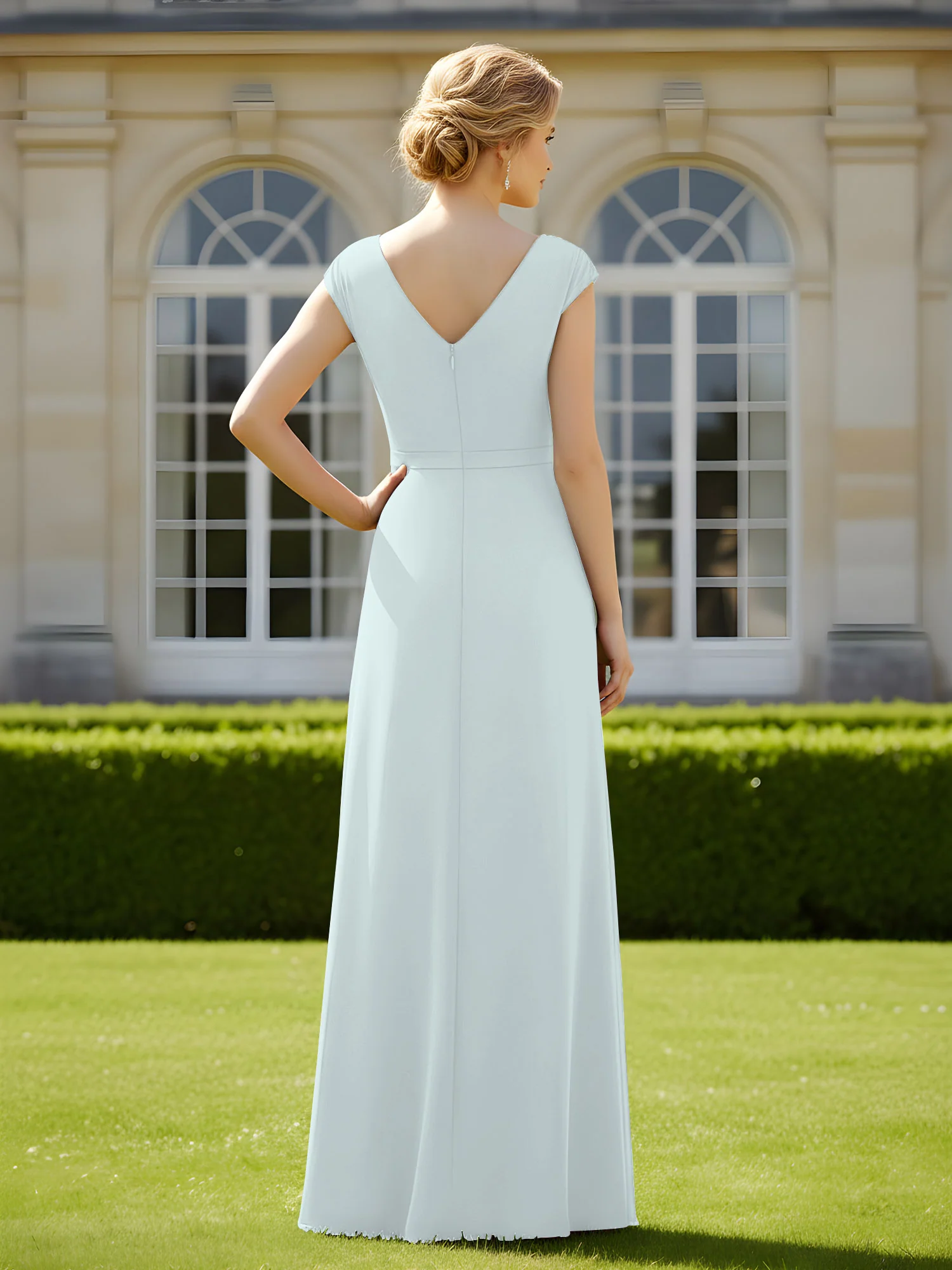 Beaded V-neck Pleated Chiffon A-Line Sequins Dress Mist - Image 2