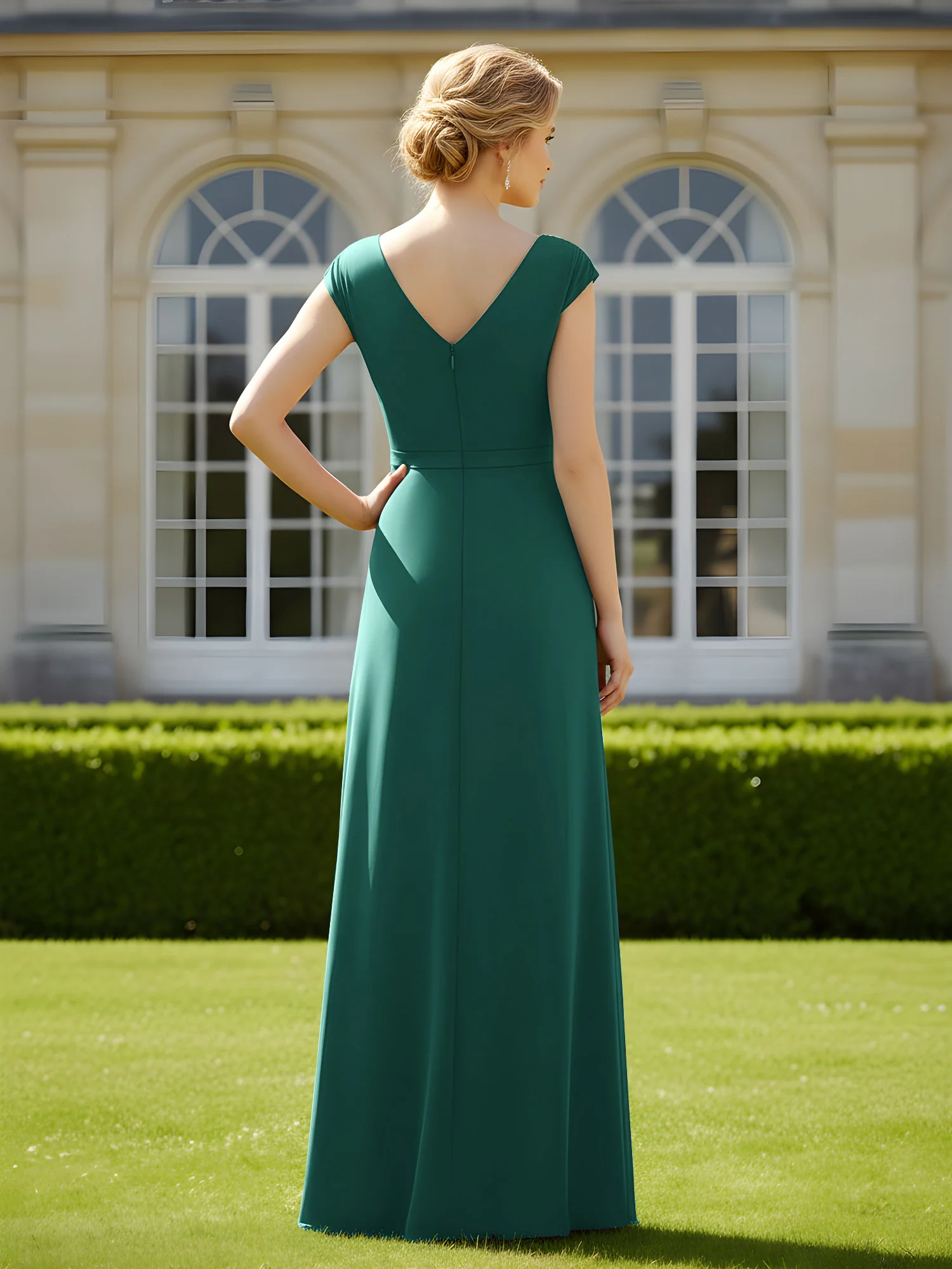 Beaded V-neck Pleated Chiffon A-Line Sequins Dress Peacock - Image 2