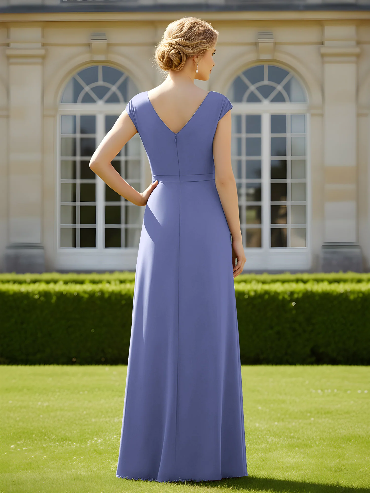 Beaded V-neck Pleated Chiffon A-Line Sequins Dress Periwinkle - Image 2