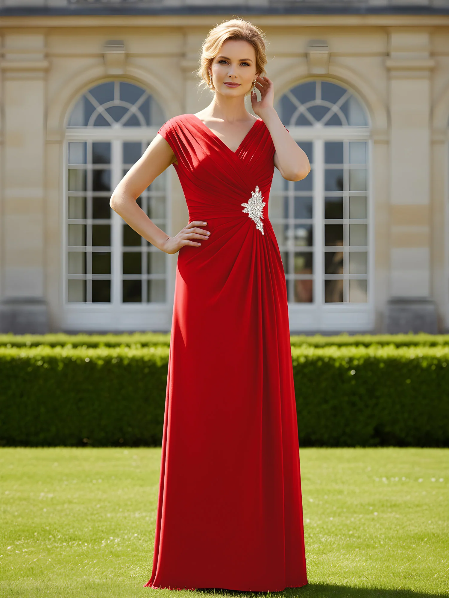 Beaded V-neck Pleated Chiffon A-Line Sequins Dress Red