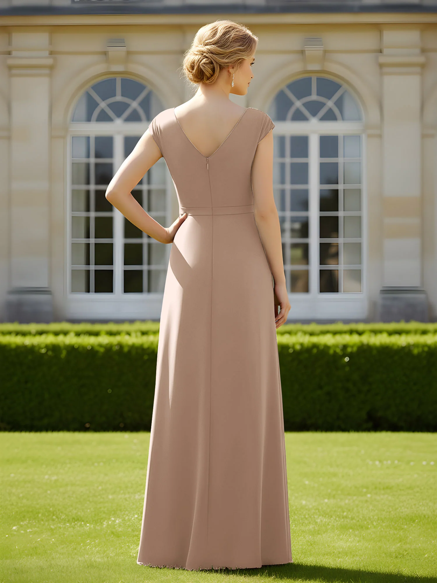 Beaded V-neck Pleated Chiffon A-Line Sequins Dress Taupe - Image 2