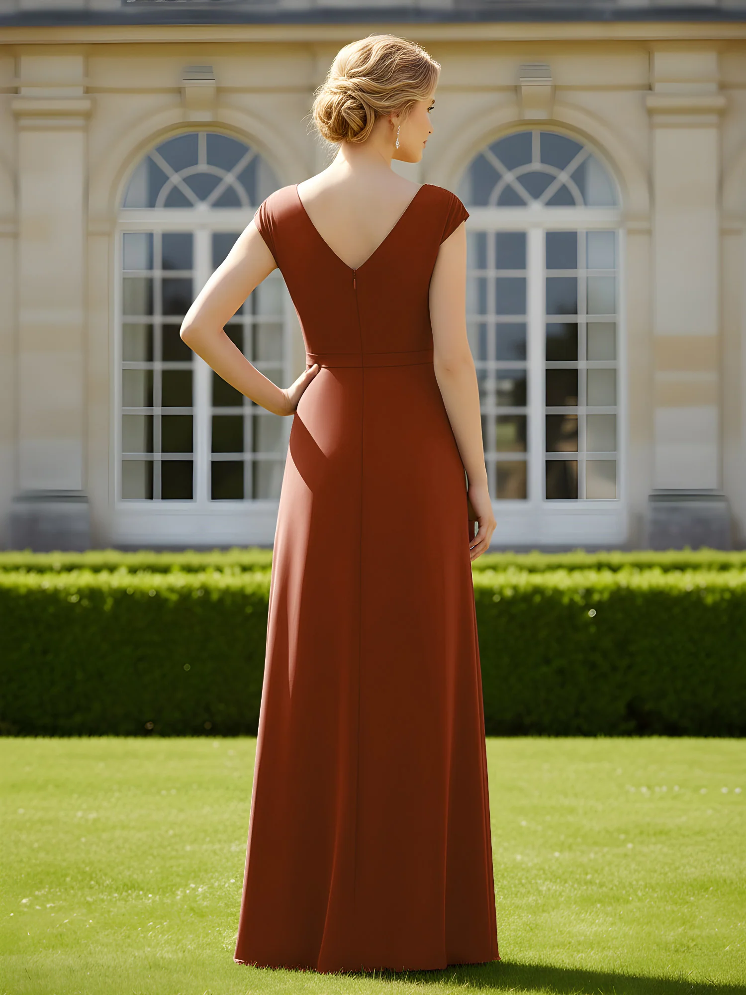 Beaded V-neck Pleated Chiffon A-Line Sequins Dress Terracotta - Image 2