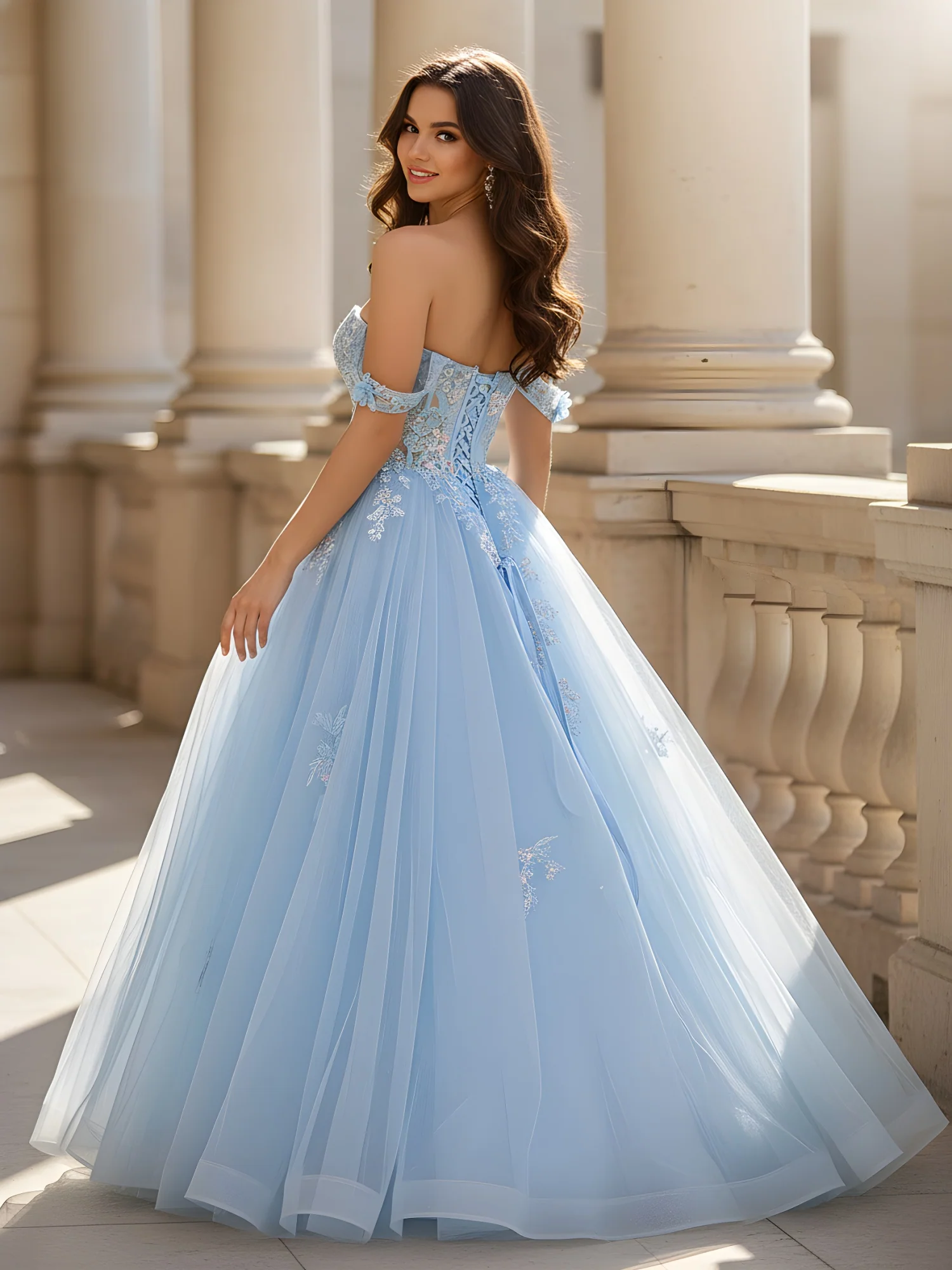 Off-the-shoulder Appliqued Corset A-Line Tulle Dress Sky Blue - Image 2