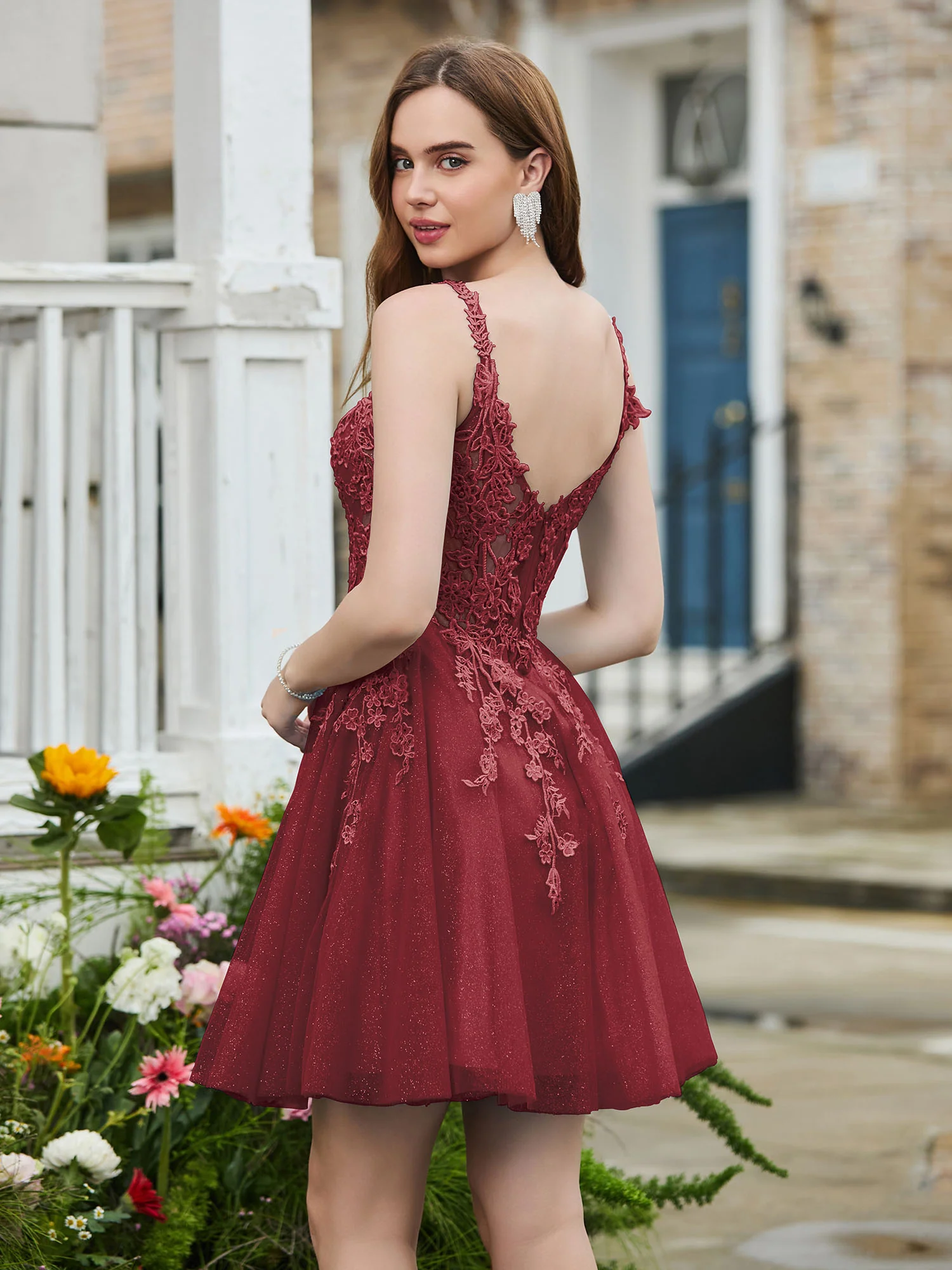 Appliqued Corset Top Short Glitter Prom Dress Cinnamon Rose - Image 2