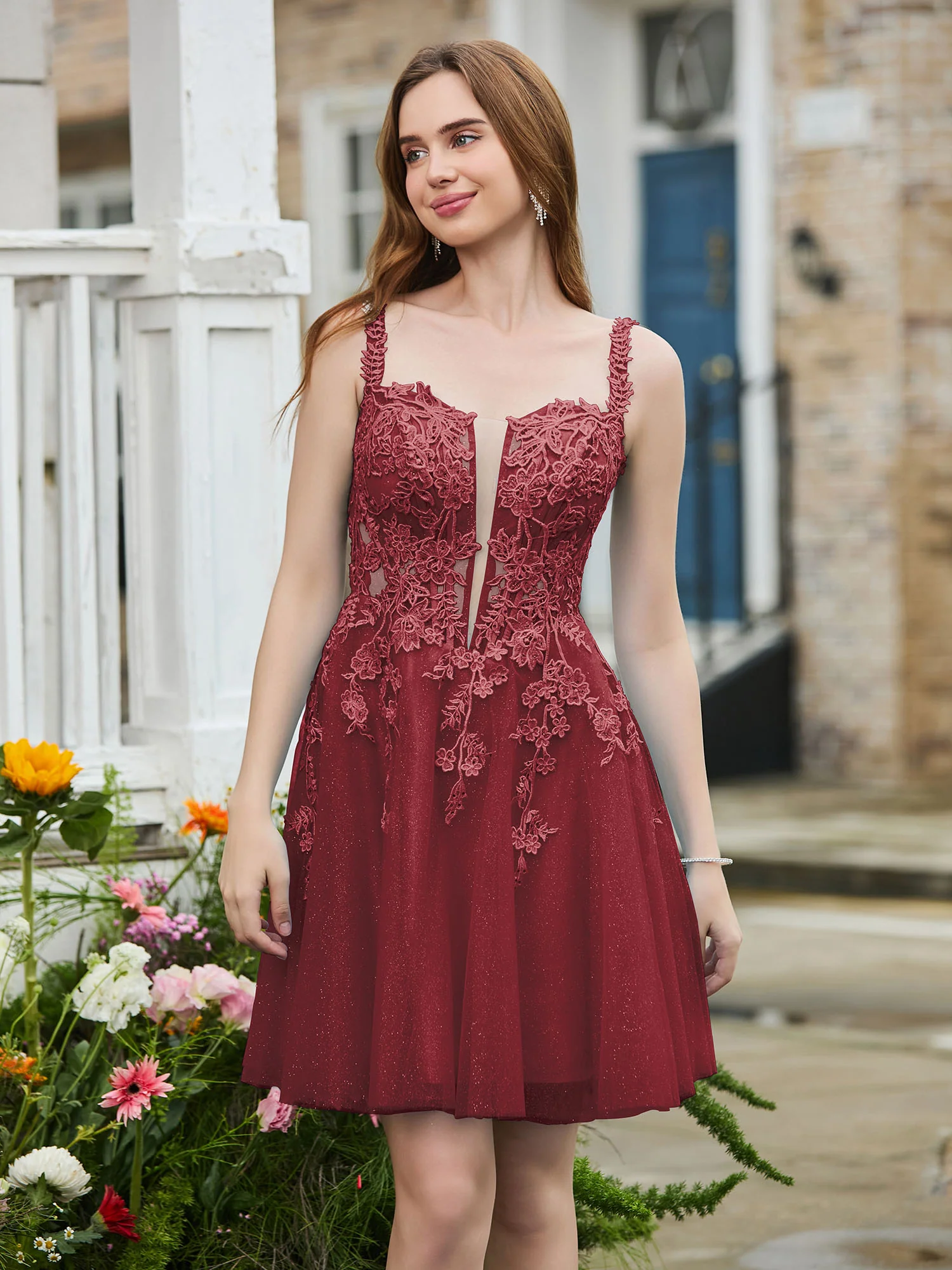 Appliqued Corset Top Short Glitter Prom Dress Cinnamon Rose - Image 3