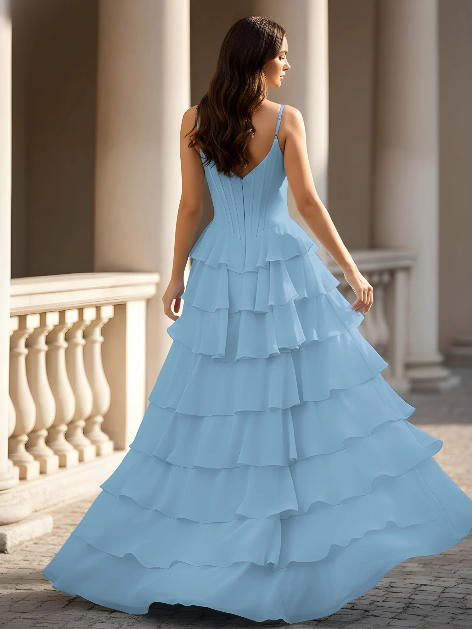 Spaghetti Straps A-Line Chiffon Tiered Dress With Slit Blue - Image 2