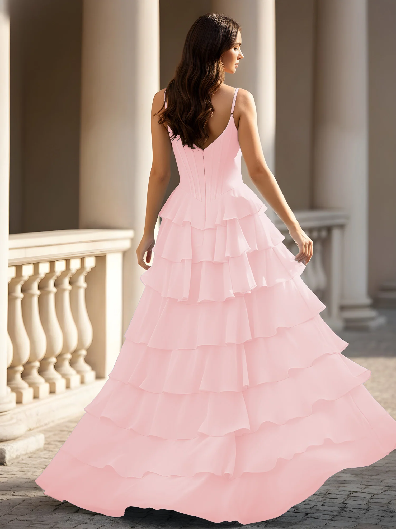 Spaghetti Straps A-Line Chiffon Tiered Dress With Slit Blushing Pink - Image 2