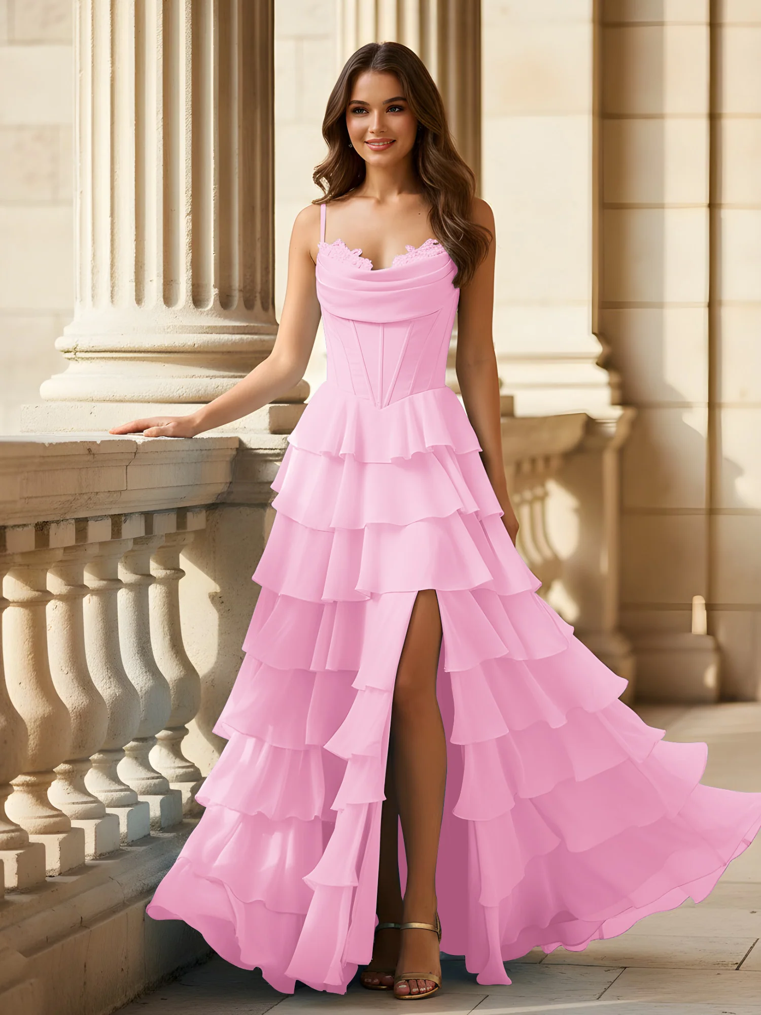 Spaghetti Straps A-Line Chiffon Tiered Dress With Slit Candy Pink