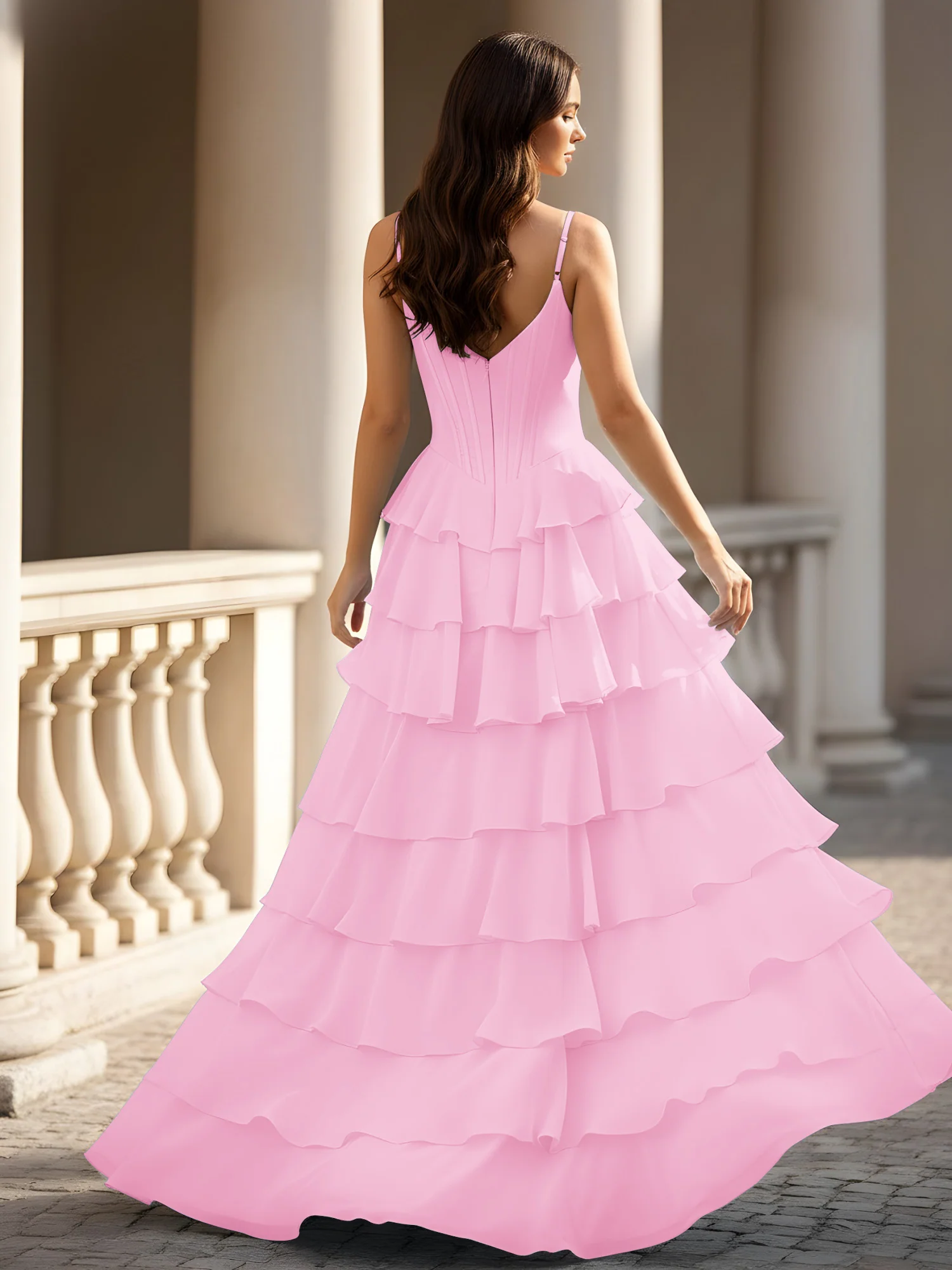 Spaghetti Straps A-Line Chiffon Tiered Dress With Slit Candy Pink - Image 2