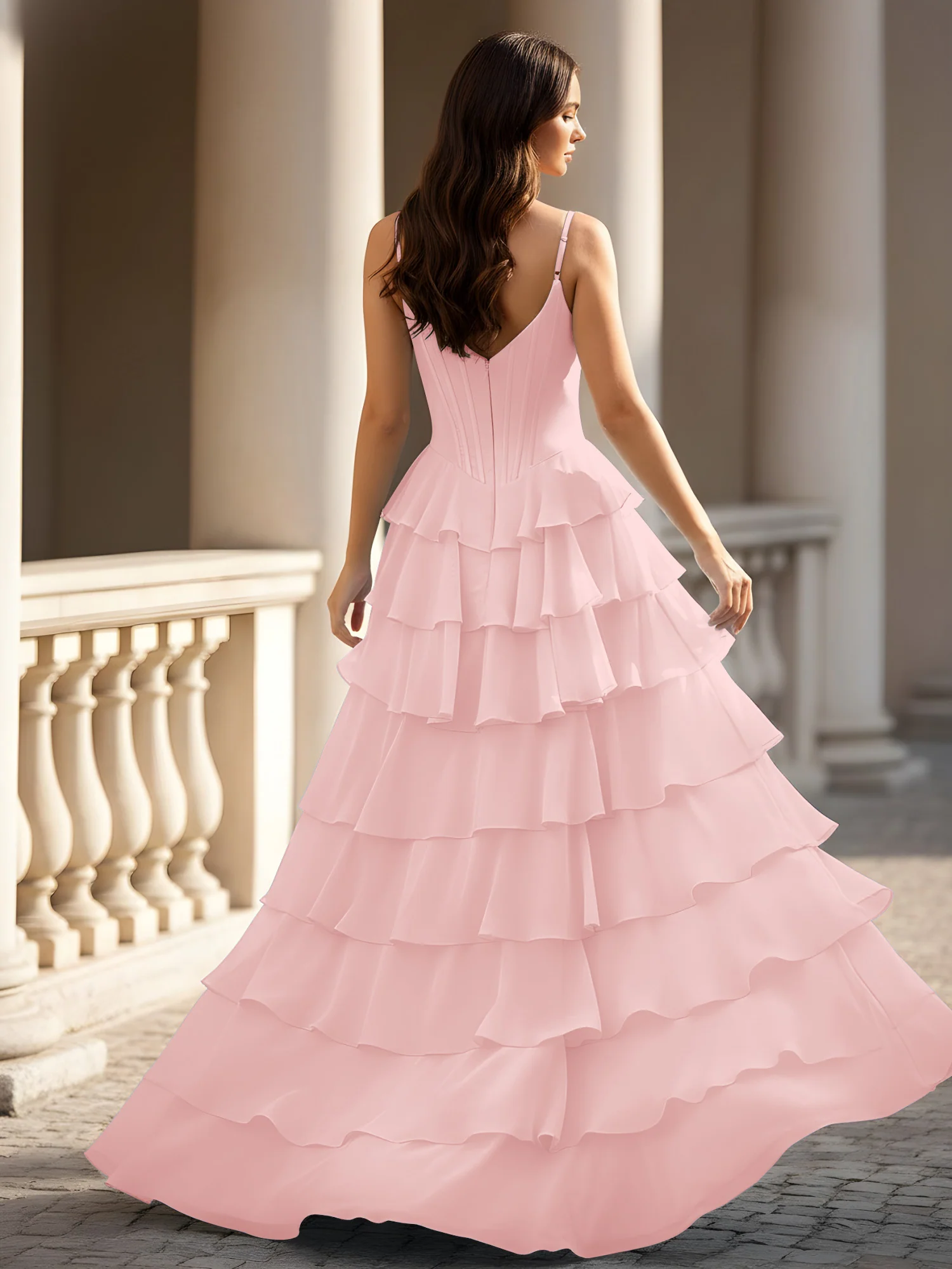 Spaghetti Straps A-Line Chiffon Tiered Dress With Slit Dusty Rose - Image 2