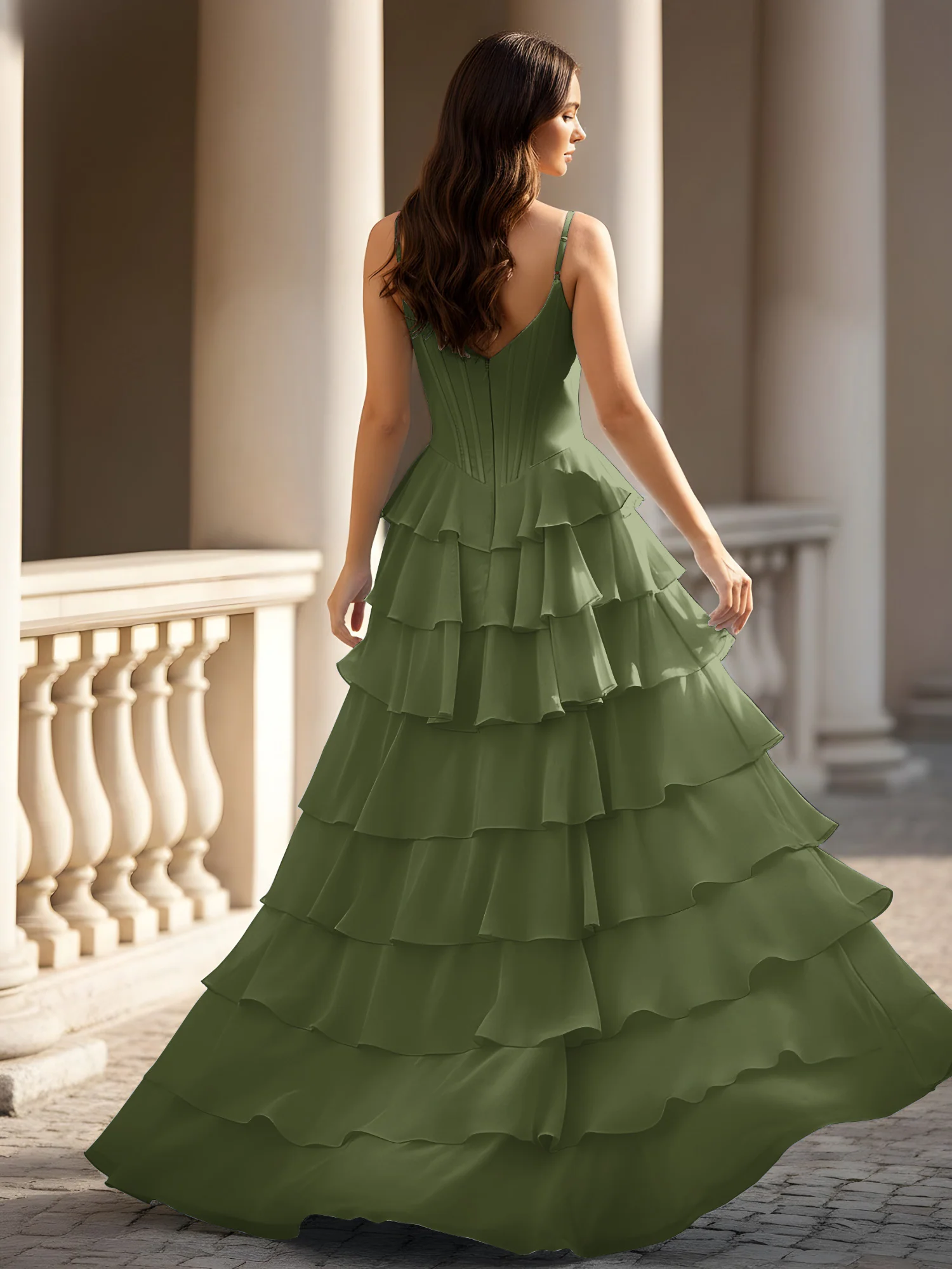 Spaghetti Straps A-Line Chiffon Tiered Dress With Slit Olive Green - Image 2